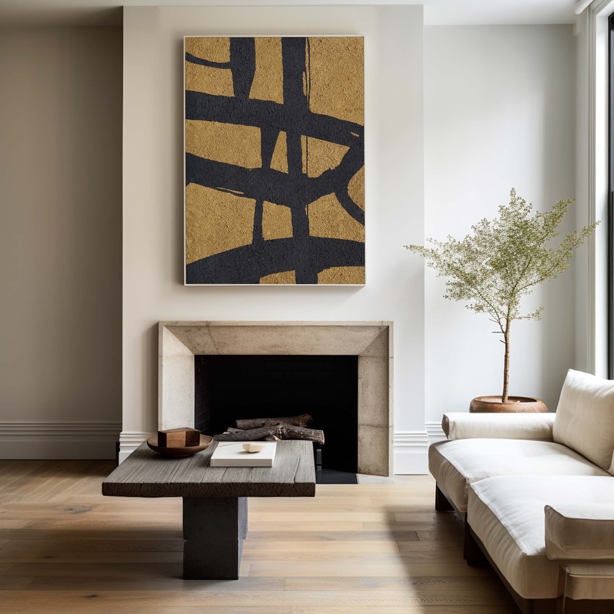 Gold‑Black Vertical Abstract Interwoven‑Line Coarse‑Textured Artwork