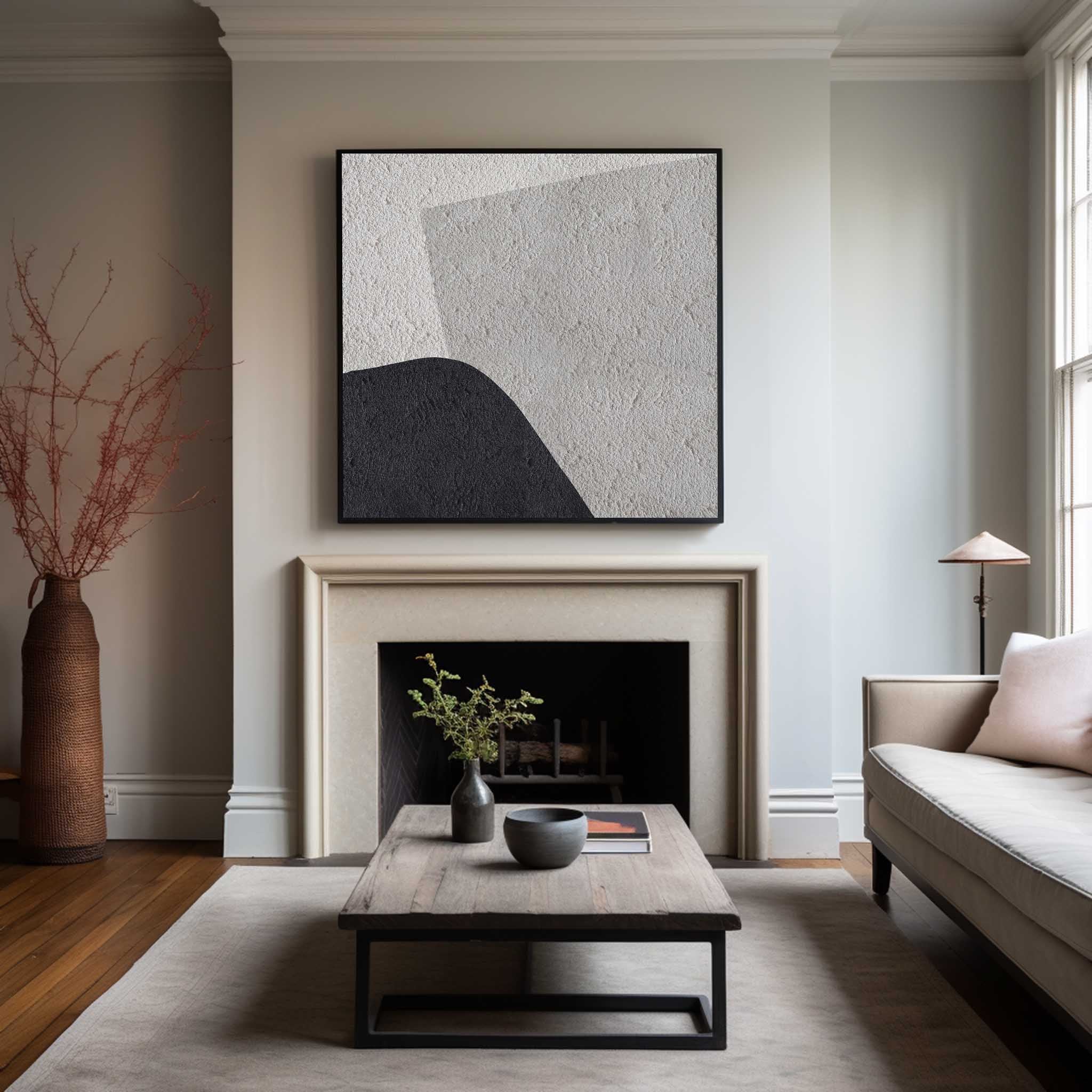Grey‑Black‑Beige Square Abstract Curved‑Shape Coarse‑Textured Artwork