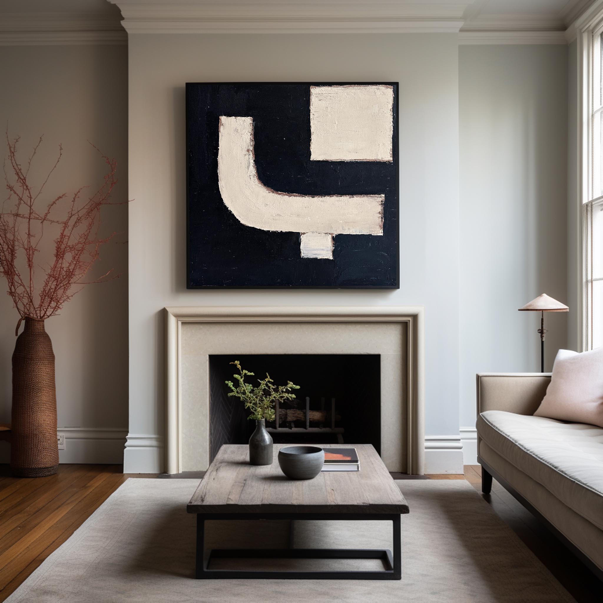 Black‑Cream Square Geometric‑Block Impasto‑Textured Artwork