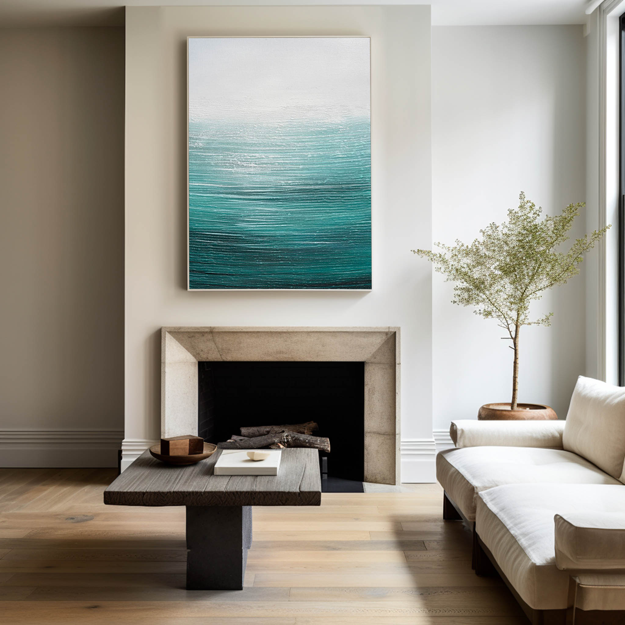 bstract Teal Gradient Seascape Minimalist Oil Acrylic Linen Canvas Painting