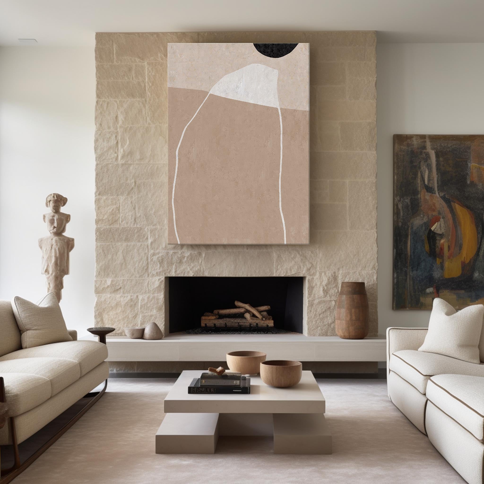 Taupe‑Beige Vertical Abstract‑Shape Line‑Textured Artwork