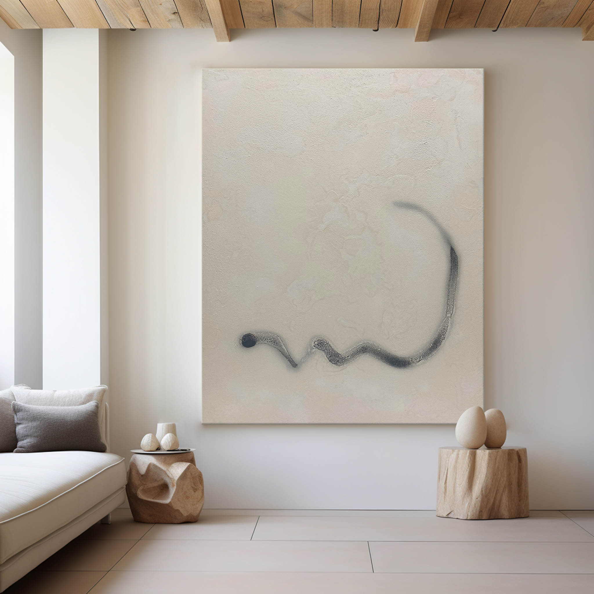 Beige‑Grey Vertical Fluid‑Curved‑Line Textured Artwork