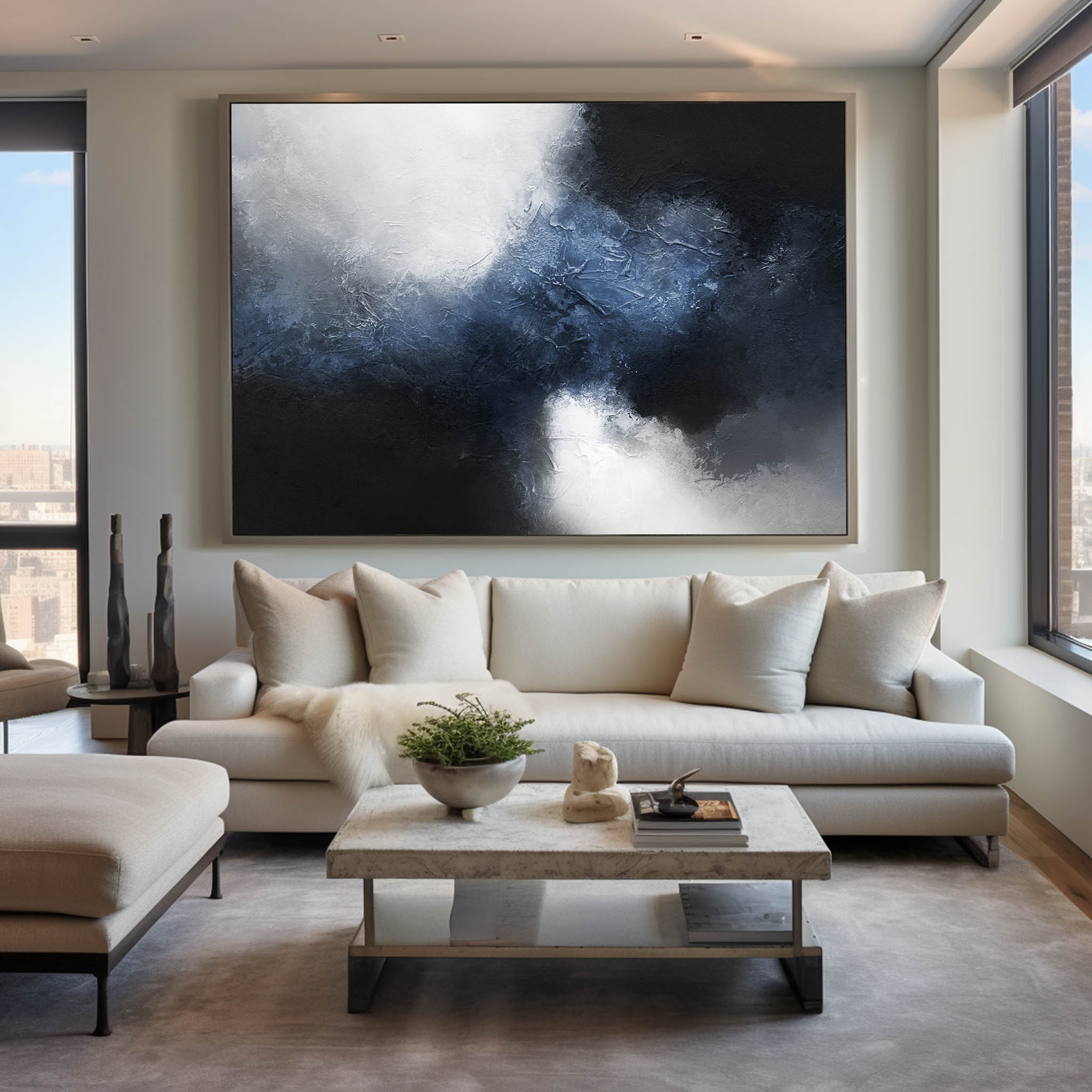 Deep Blue Mist Abstract Horizontal Canvas Art