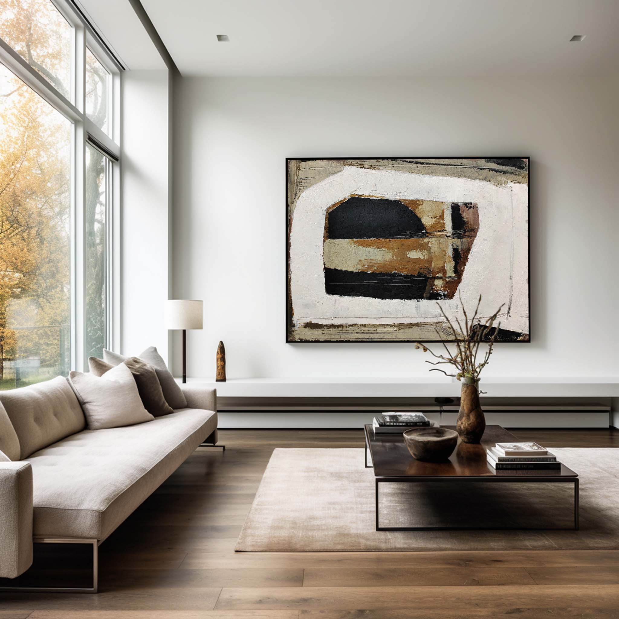 Abstract Black Beige Brown Geometric Oil Painting