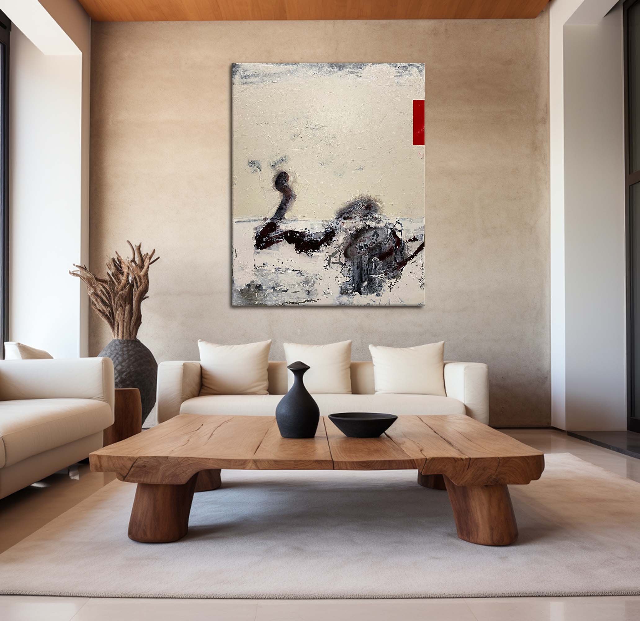 Abstract Beige Black Red Splash Stroke Painting