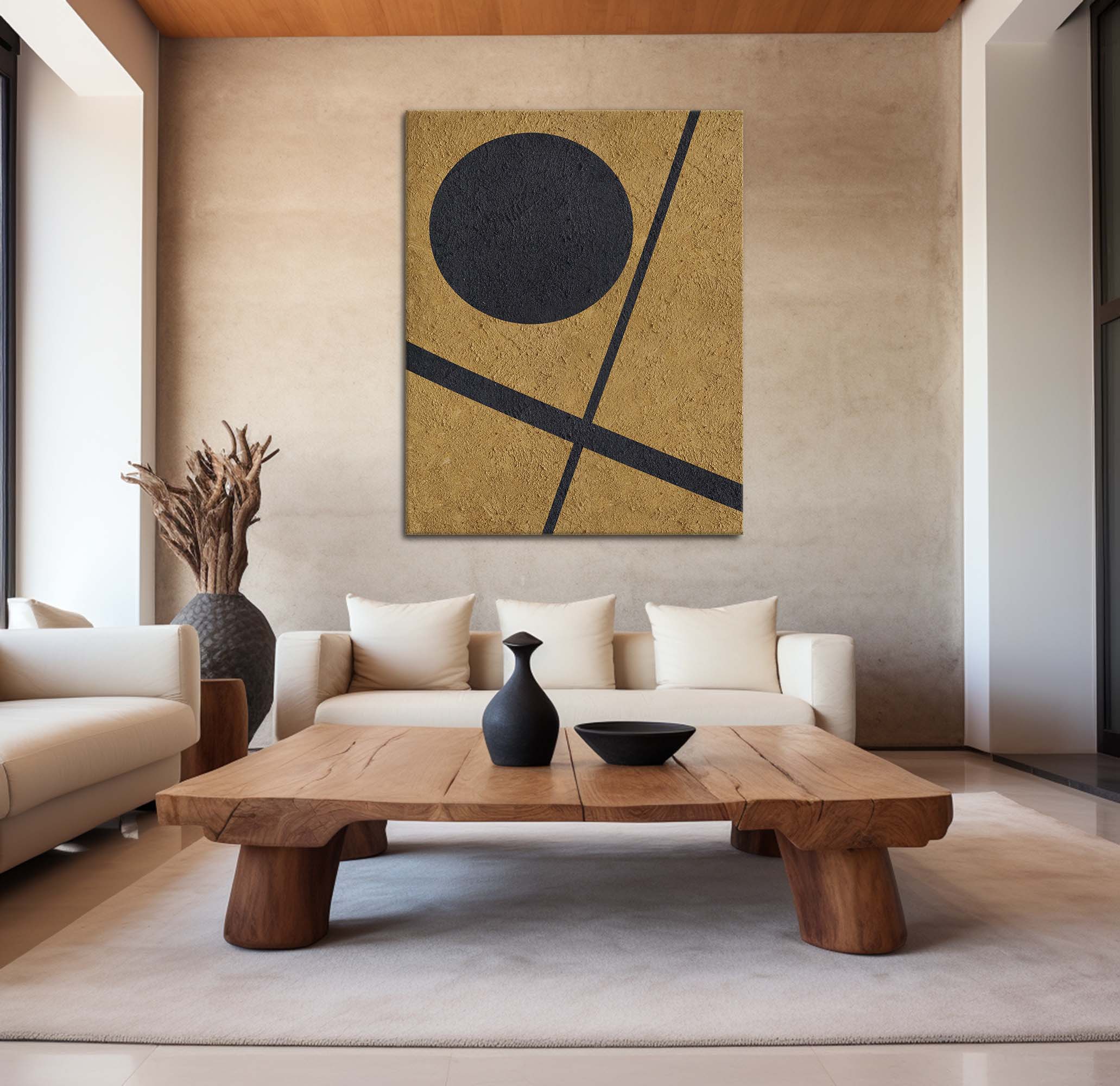 Gold‑Black Vertical Geometric Circle‑Line Coarse‑Textured Artwork