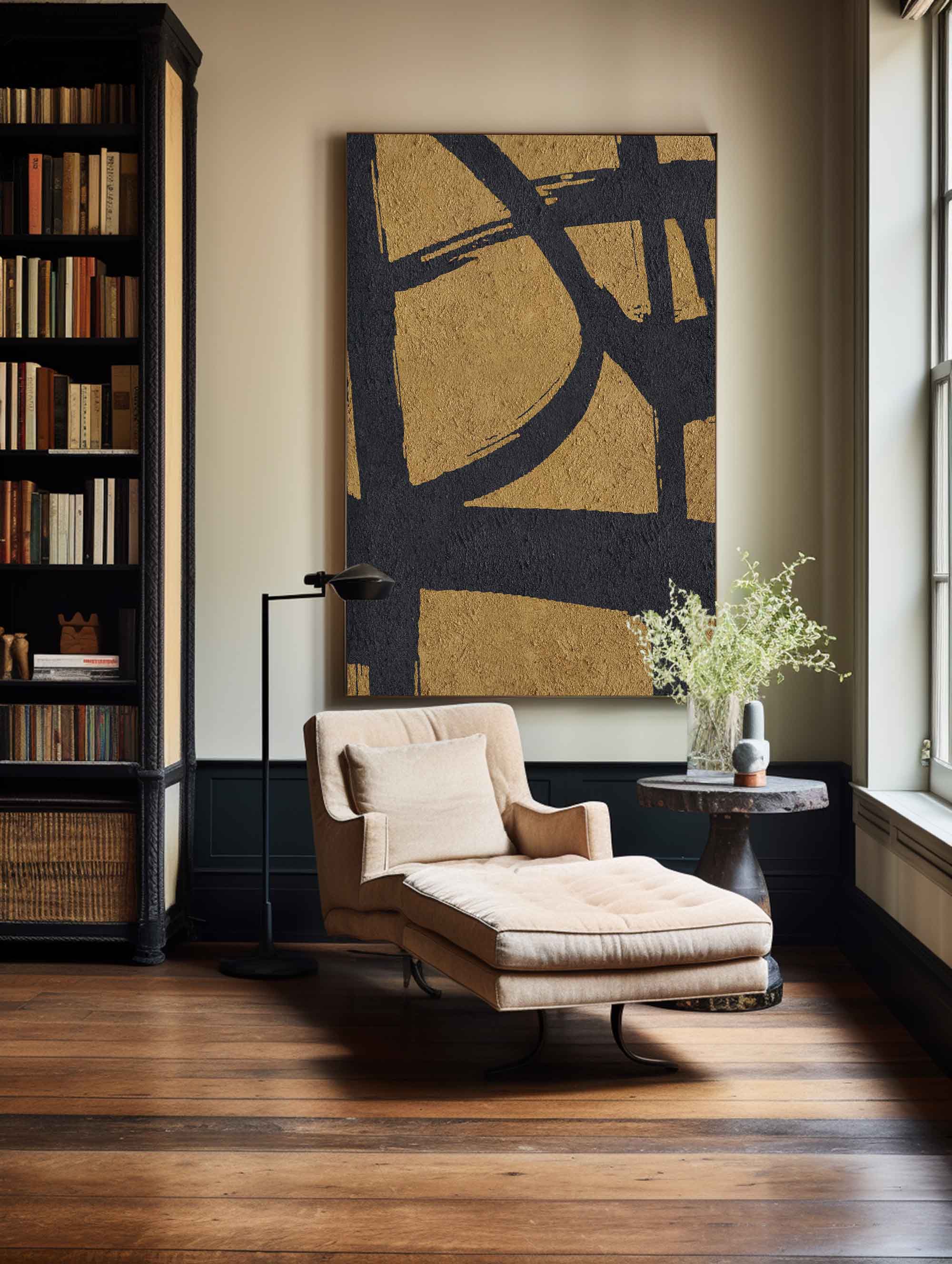 Gold‑Black Vertical Abstract Intersecting‑Line Coarse‑Textured Artwork