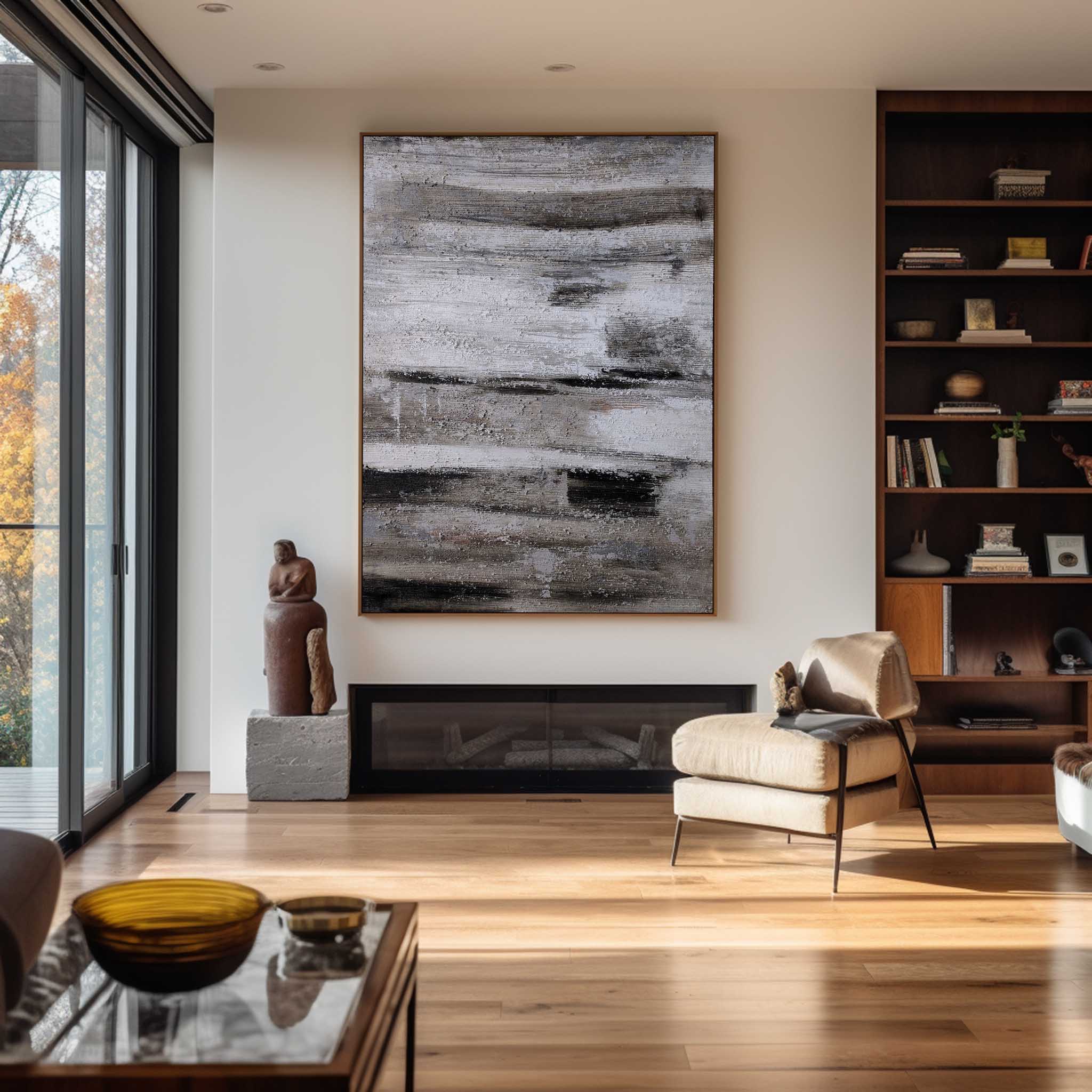 Black‑Grey‑White Vertical Abstract Rustic Layered‑Weathered Texture Artwork