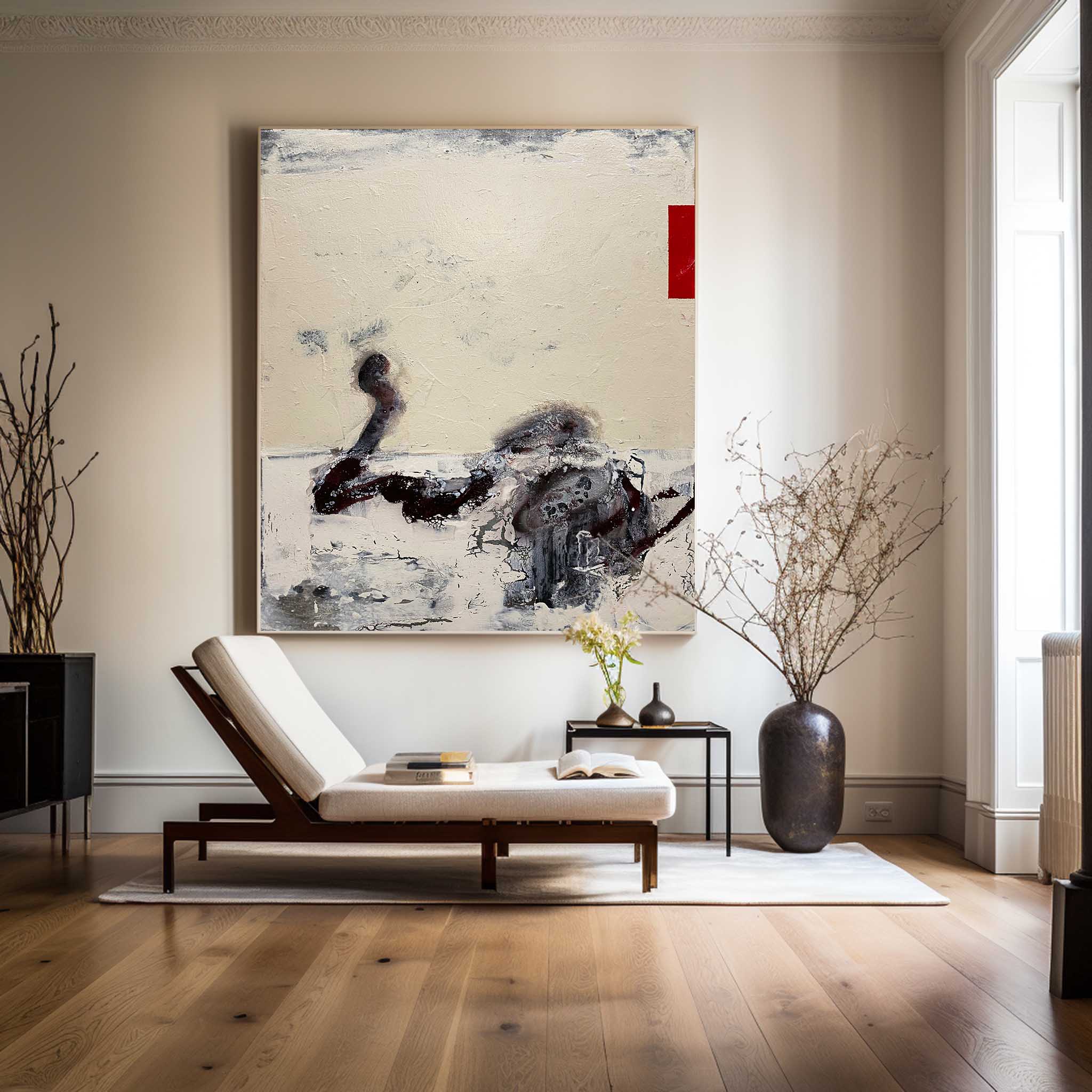 Abstract Beige Black Red Splash Stroke Painting