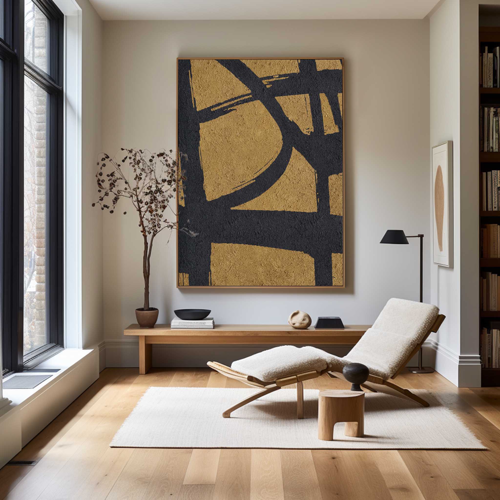 Gold‑Black Vertical Abstract Intersecting‑Line Coarse‑Textured Artwork