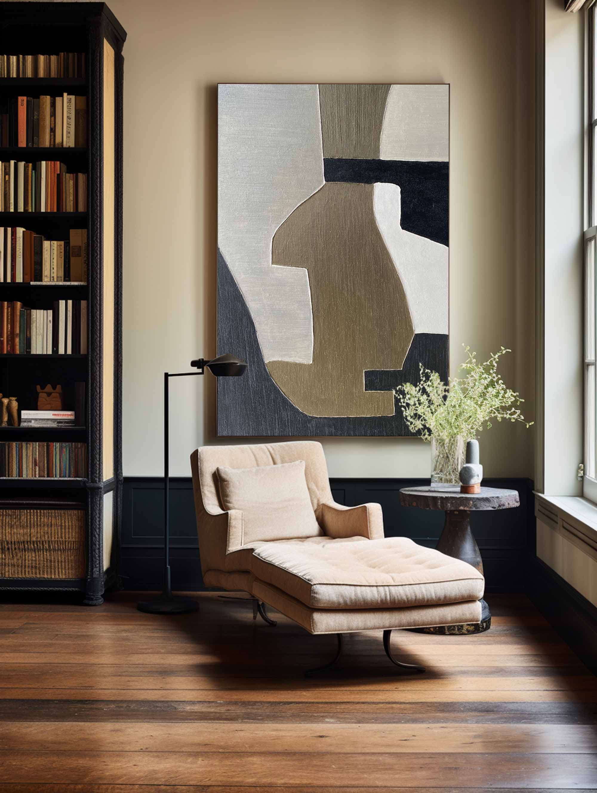 Abstract Black Beige White Geometric Minimalist Painting