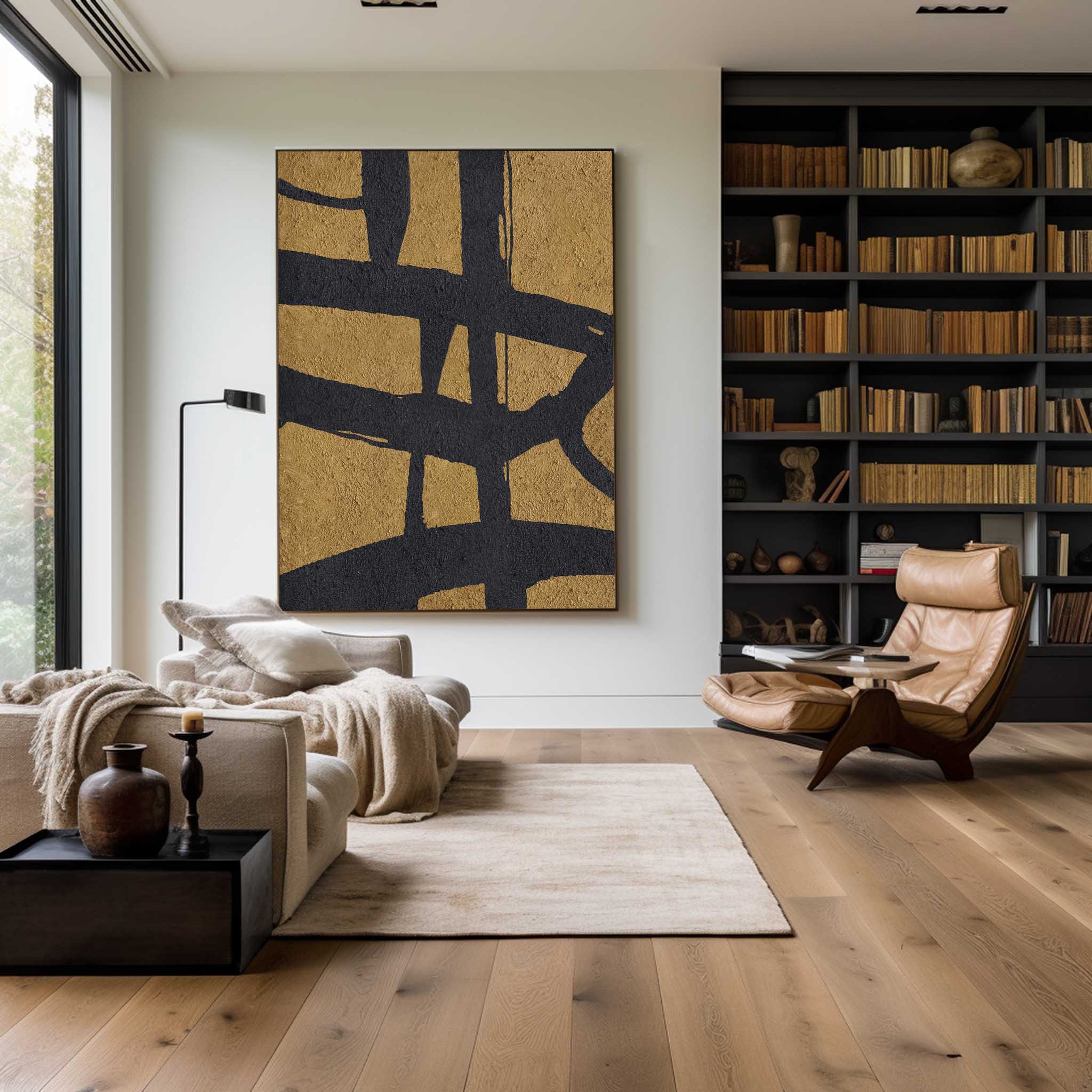 Gold‑Black Vertical Abstract Interwoven‑Line Coarse‑Textured Artwork