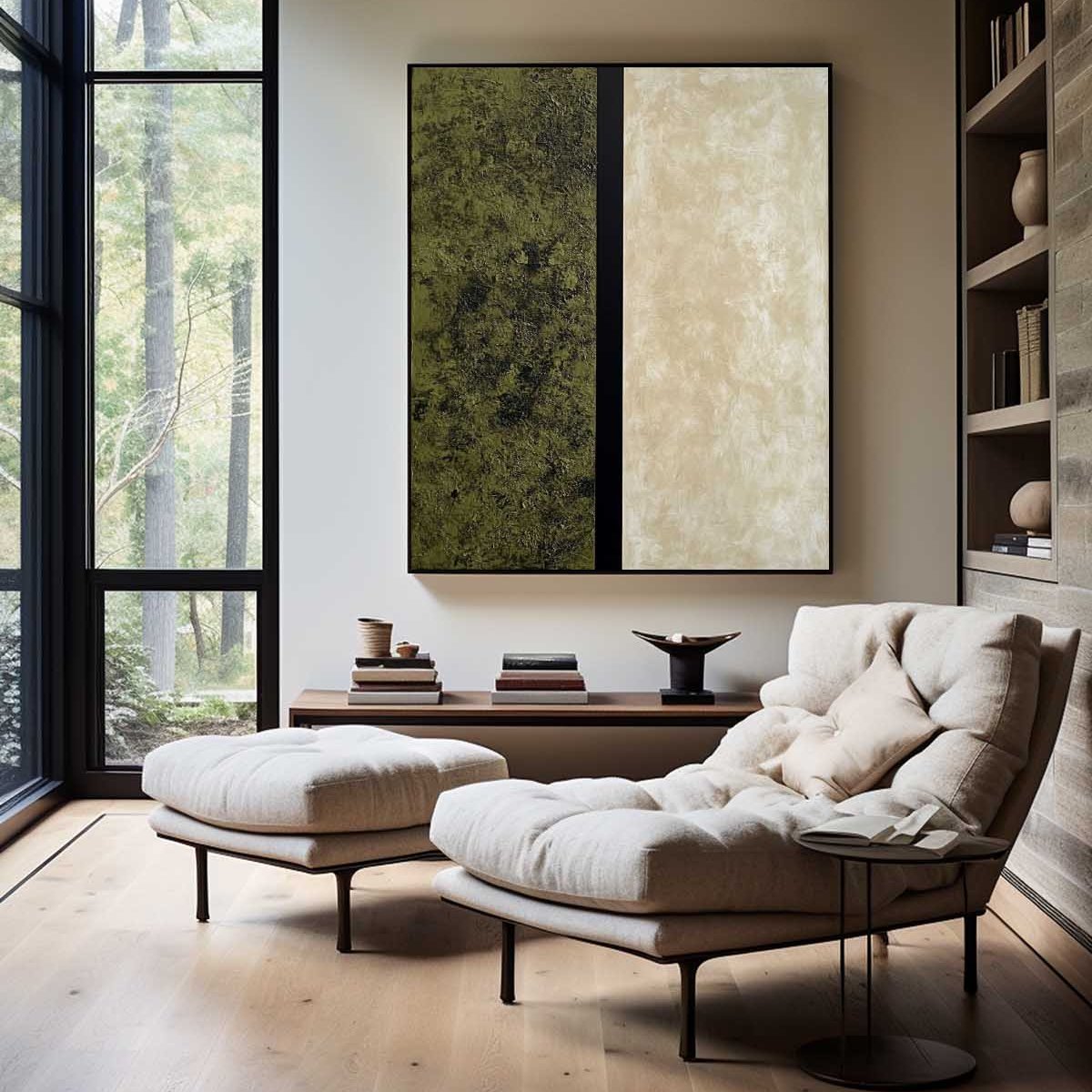 Olive Green Beige Minimalist Abstract Painting