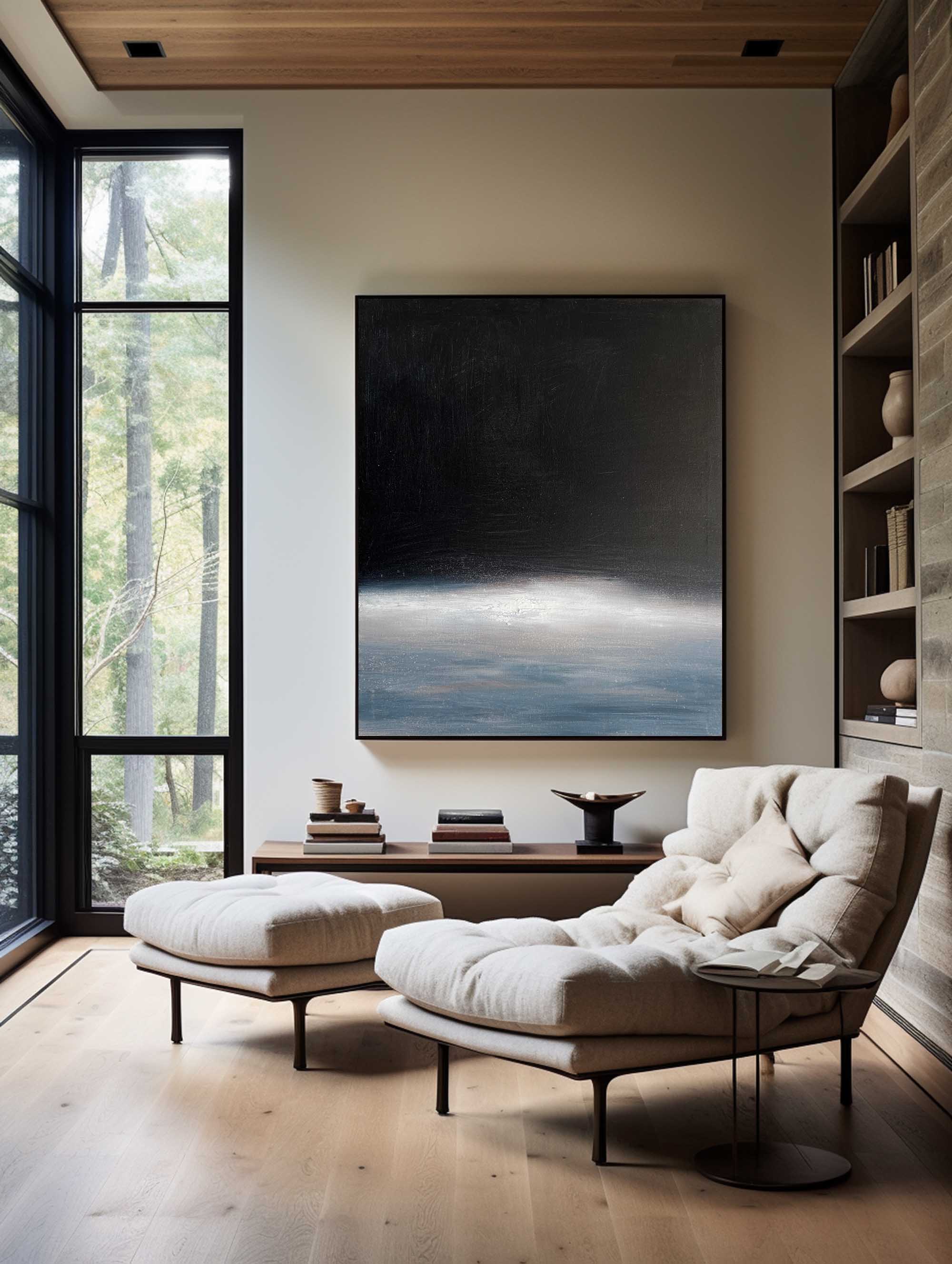 Dark Misty Ocean Horizon Abstract Linen Canvas Wall Decoration
