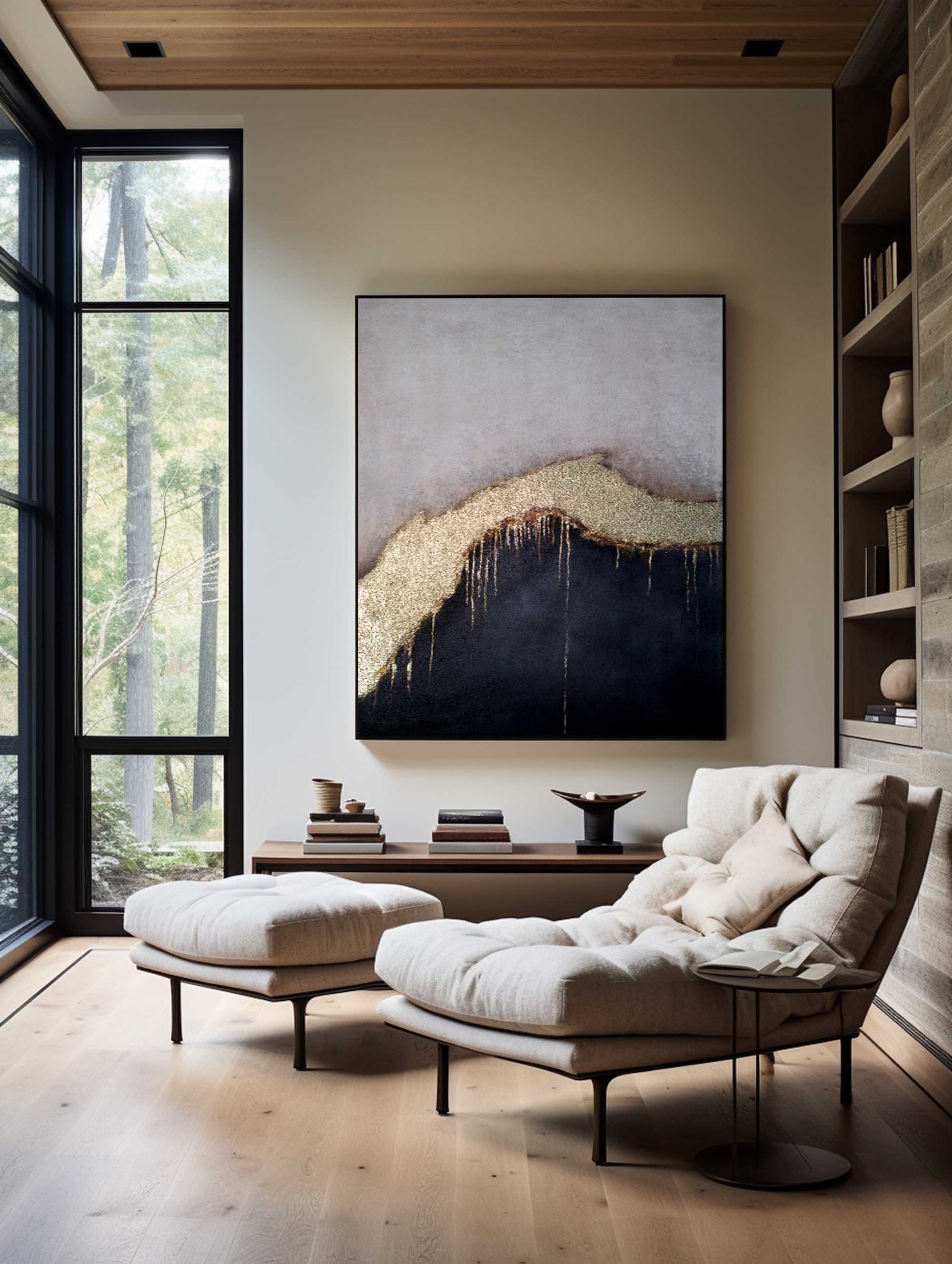 Grey‑Black Vertical Gold‑Drip Metallic Abstract Textured Artwork