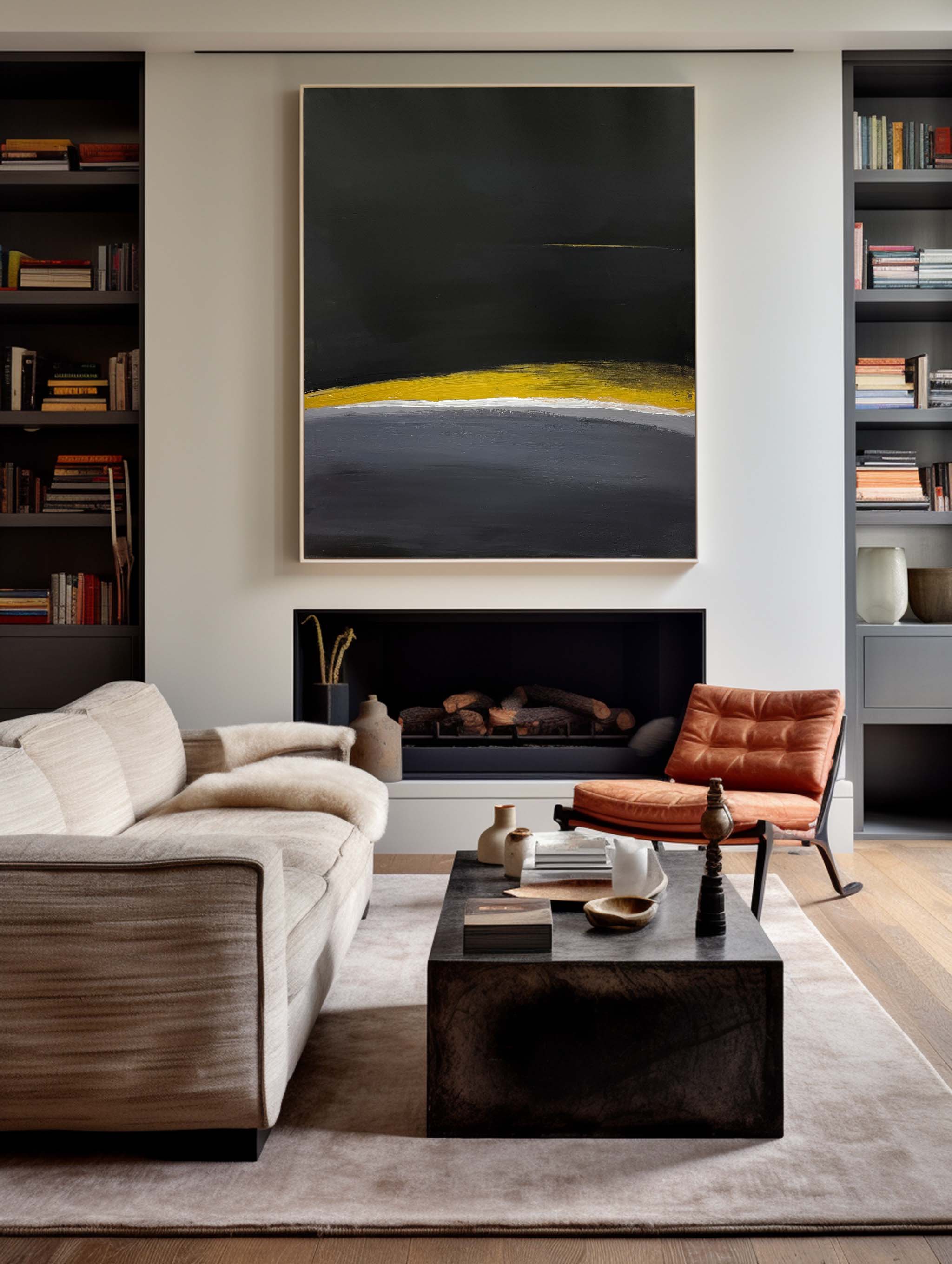 Modern Black Gold Yellow Abstract Linen Art