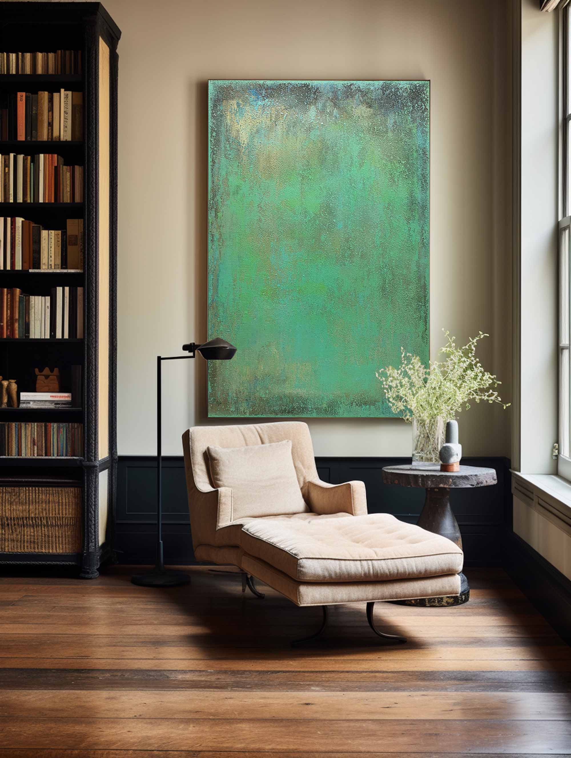 Muted‑Green Gold‑Fleck Vertical Textured‑Wash Impasto Artwork