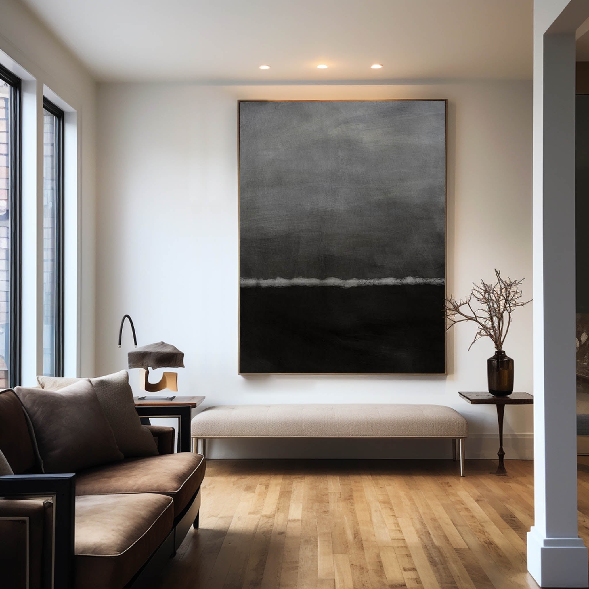Abstract Black Gray Nocturnal Moonlit Horizon Oil Acrylic Linen Canvas Painting
