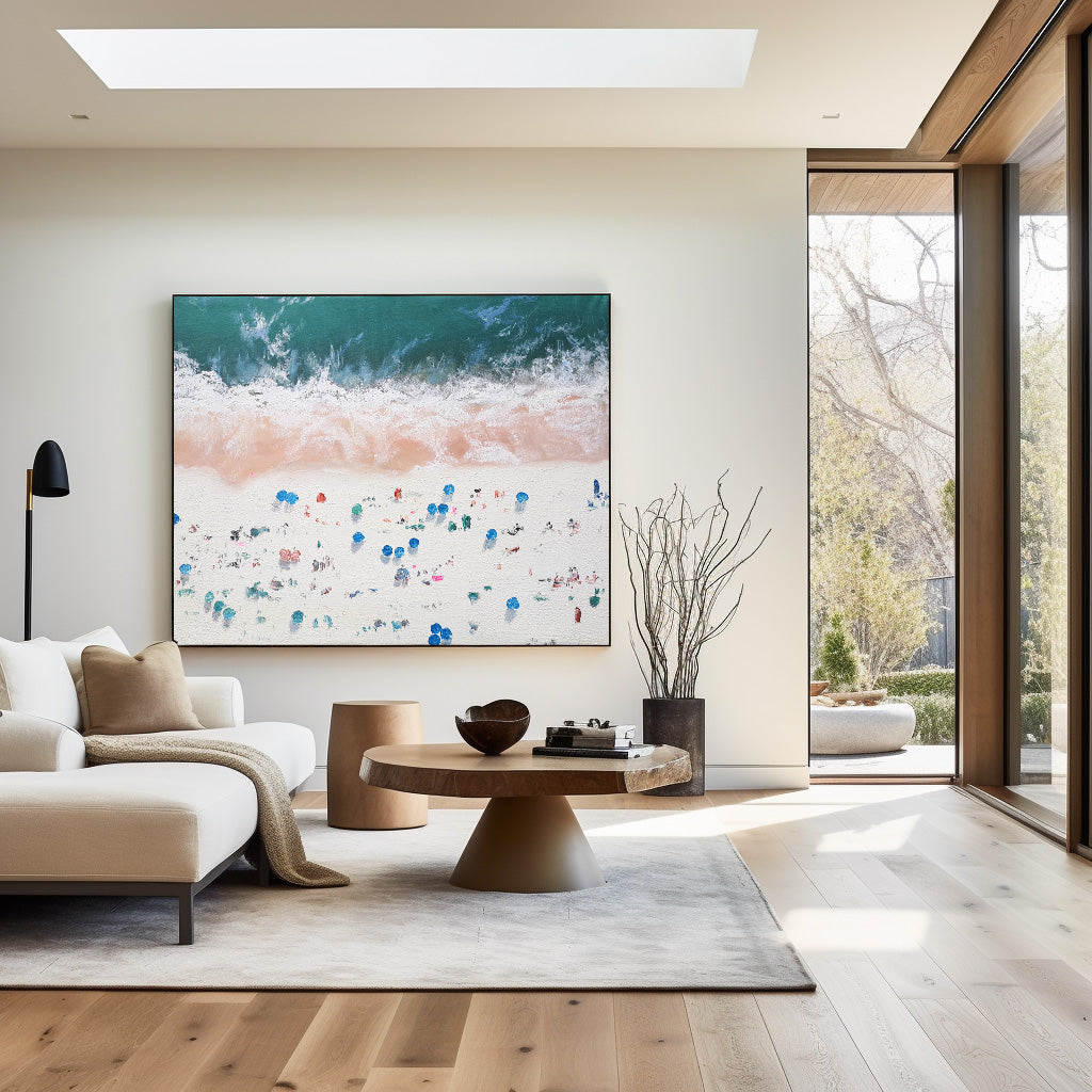 Teal‑Pink‑White Horizontal Beach‑Scene Impasto‑Textured Artwork