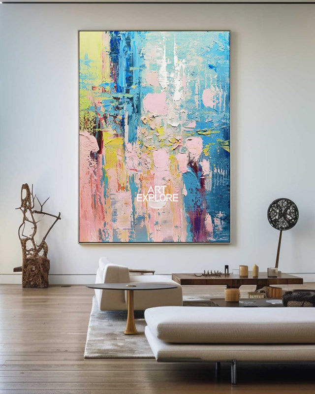 Wall Art Blue Pink Floral Abstract Textured Living Room | Neutralighting