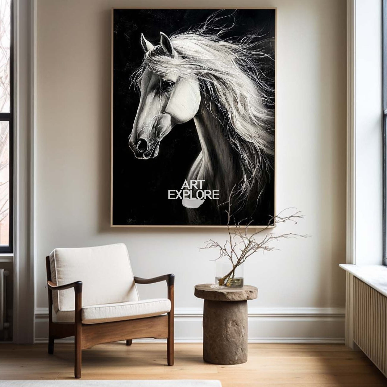 Black Background White Horse Canvas Art
