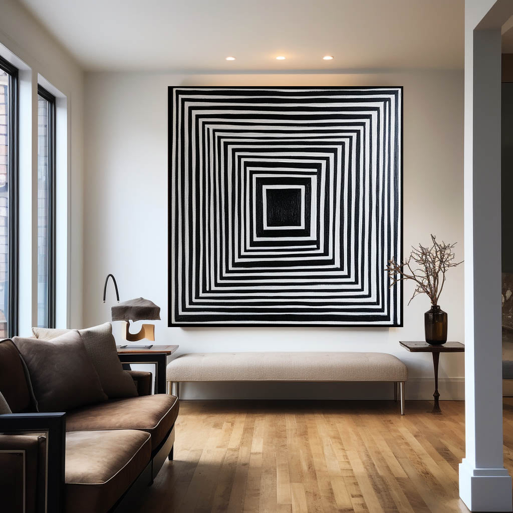 Concentric Square Geometric Abstract Monochrome Layered Textured Artwork