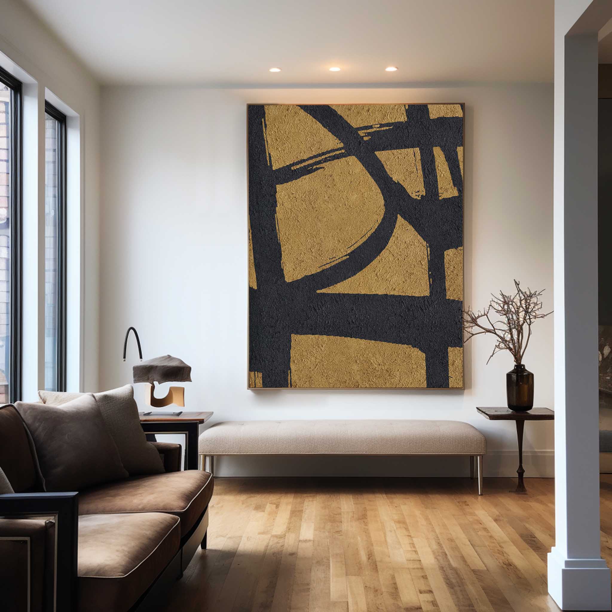 Gold‑Black Vertical Abstract Intersecting‑Line Coarse‑Textured Artwork