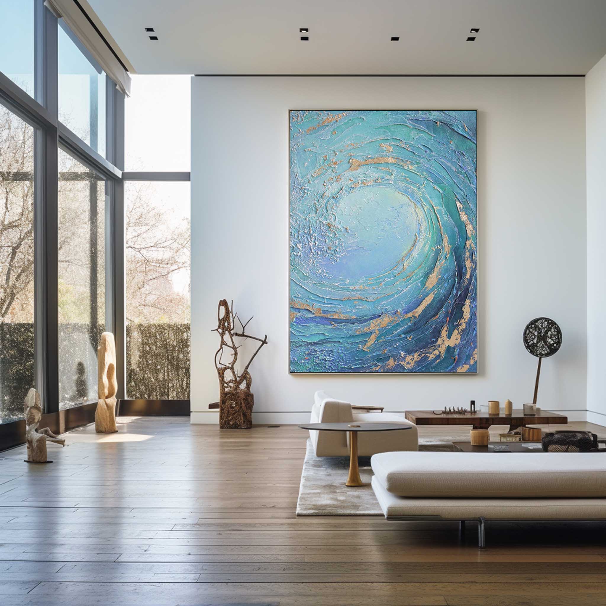 Ocean Wave Blue Gold Abstract Canvas Wall Art