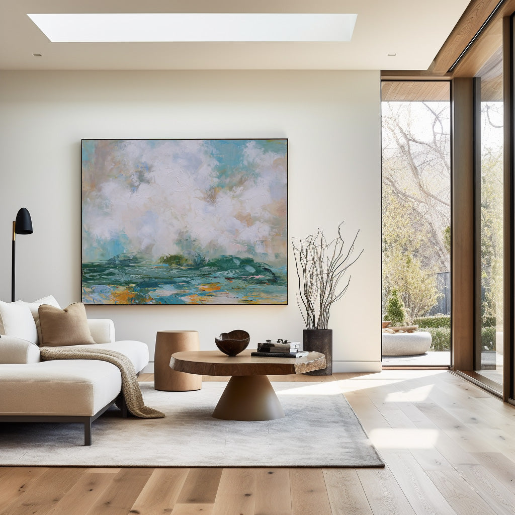 Teal‑White Horizontal Ocean‑Coast Impasto Textured Artwork