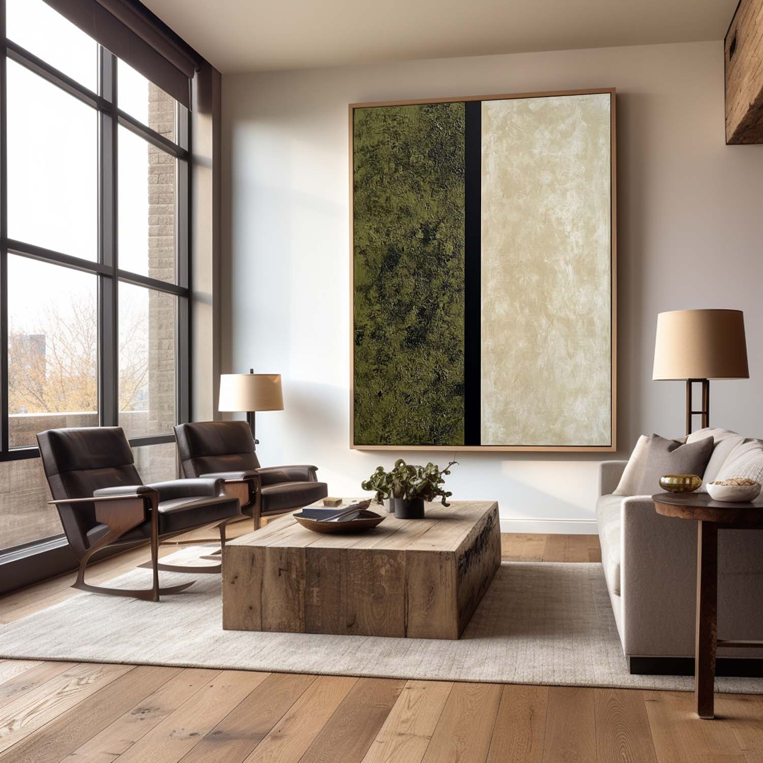Olive Green Beige Minimalist Abstract Painting