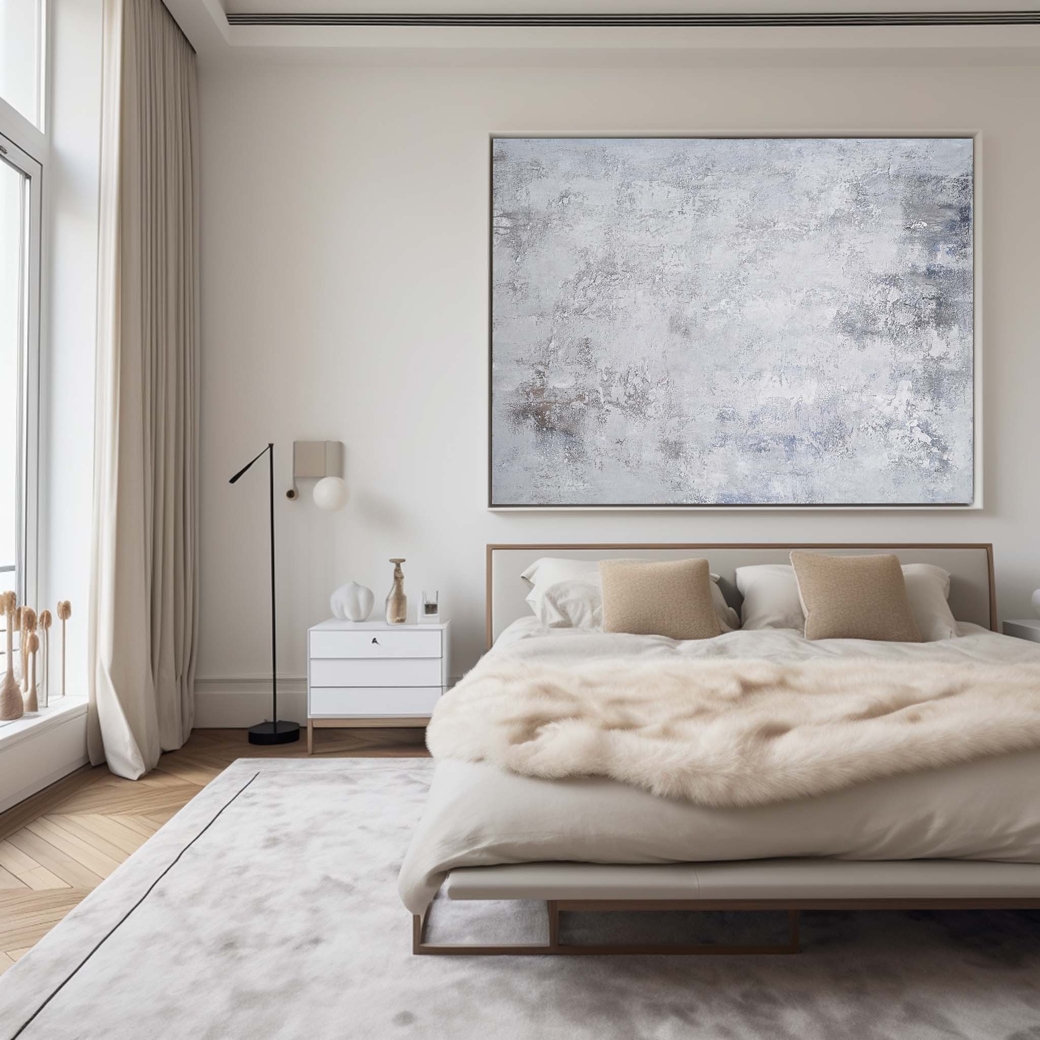 Grey‑Silver‑White Horizontal Abstract  Faded Layered‑Tone Texture Artwork