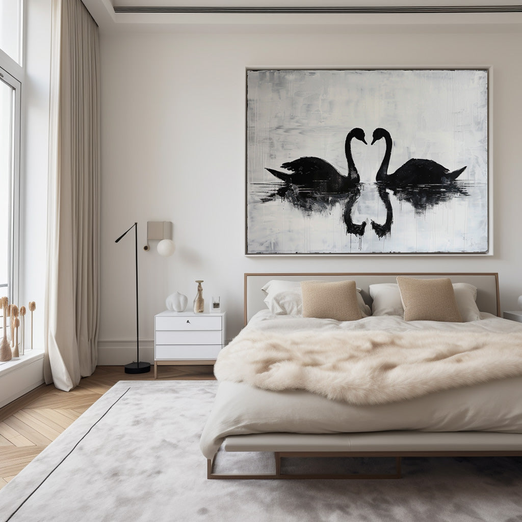 Monochrome Twin Swans  Reflection‑Theme Minimalist Abstract Brush‑Textured Artwork