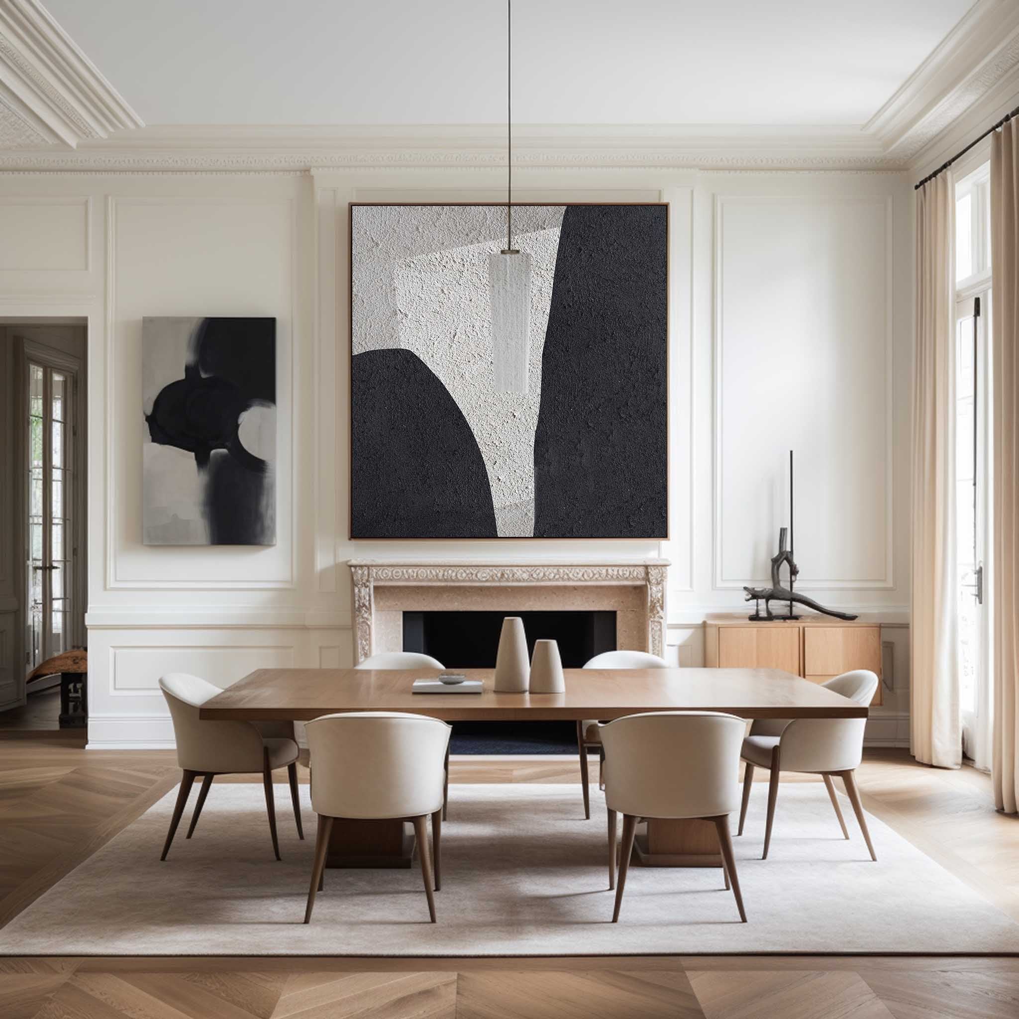 Black‑Off‑White Square Geometric Layered‑Curve Coarse‑Textured Artwork