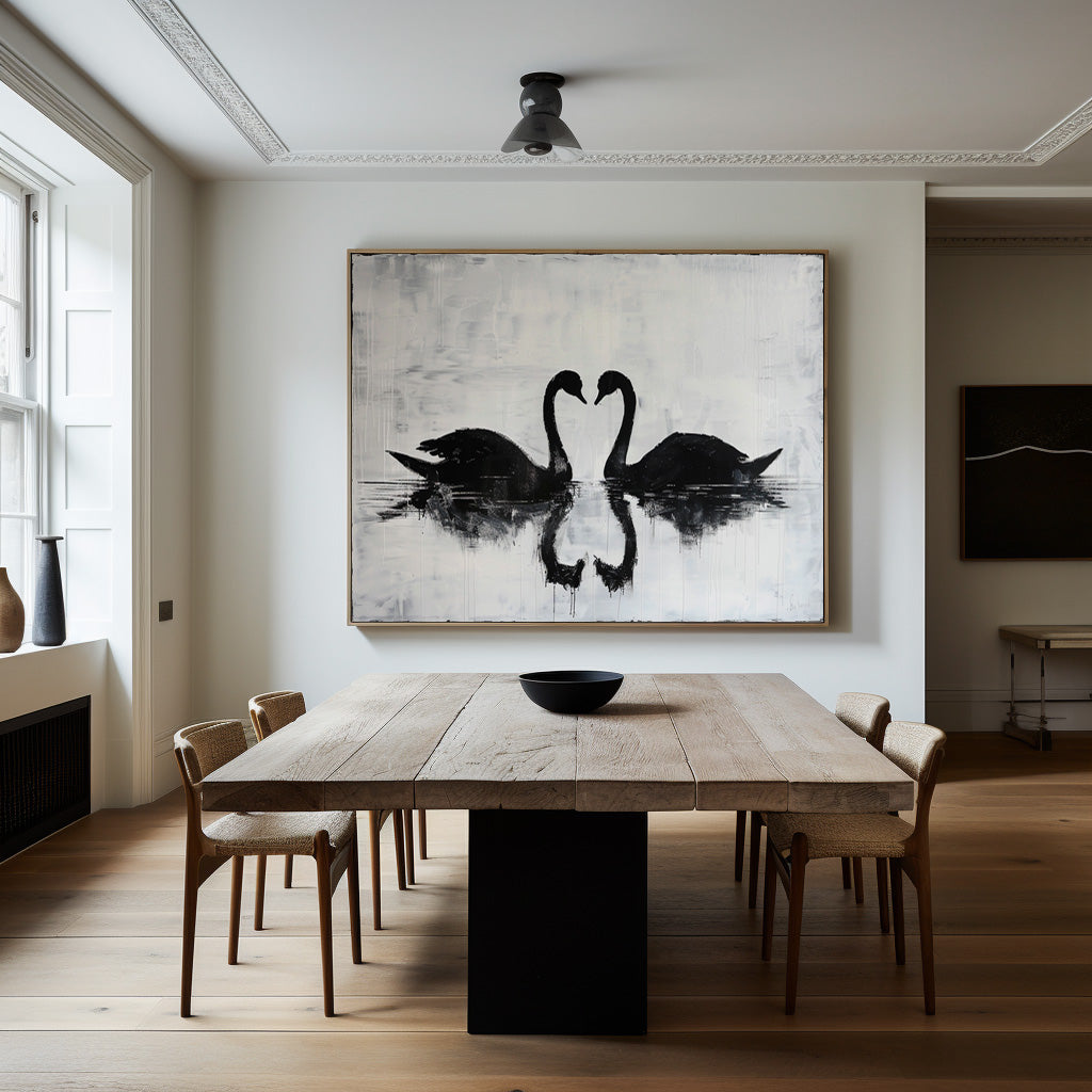 Monochrome Twin Swans  Reflection‑Theme Minimalist Abstract Brush‑Textured Artwork