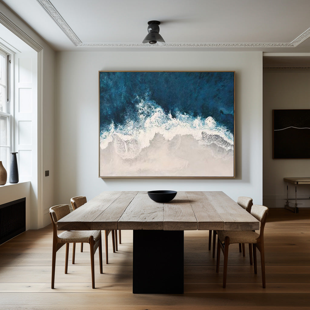 Teal‑White Horizontal Sea‑Wave Raised‑Textured Artwork