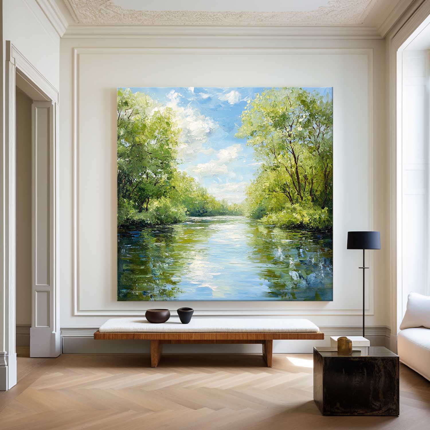Lush Forest Lake Scenery Mirror‑Water Vivid Layered Impasto Textured Artwork