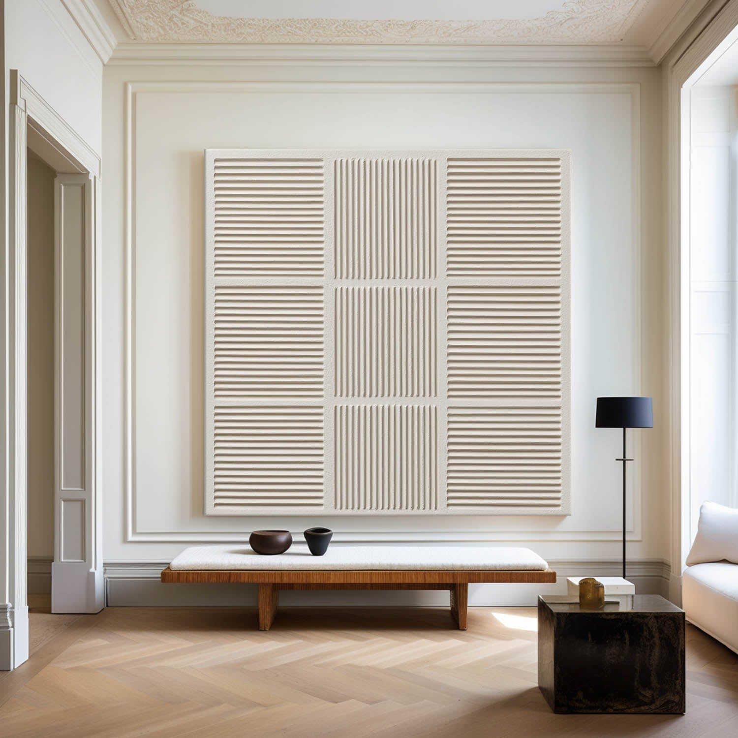 Elowen Beige Geometric Grid Canvas Wall Art