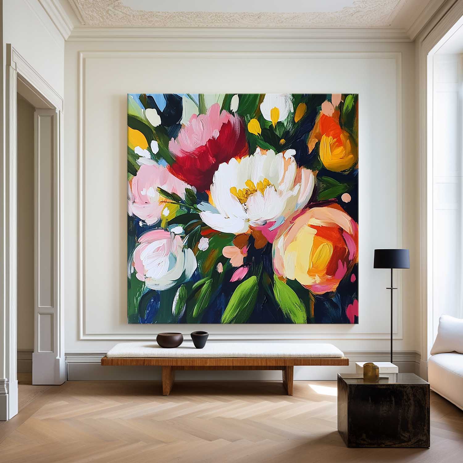 Lush Peony Bouquet Floral Vivid Pigment Thick Impasto Layered Textured Artwork