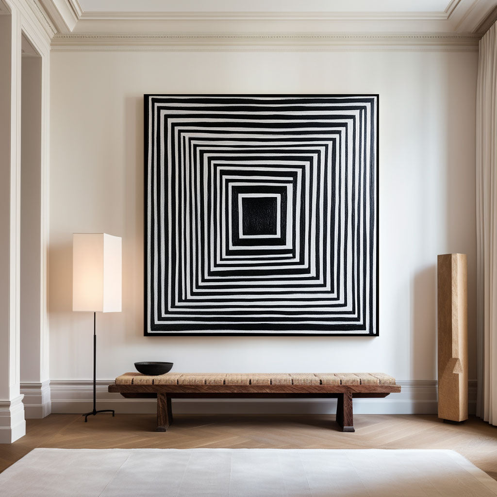 Concentric Square Geometric Abstract Monochrome Layered Textured Artwork