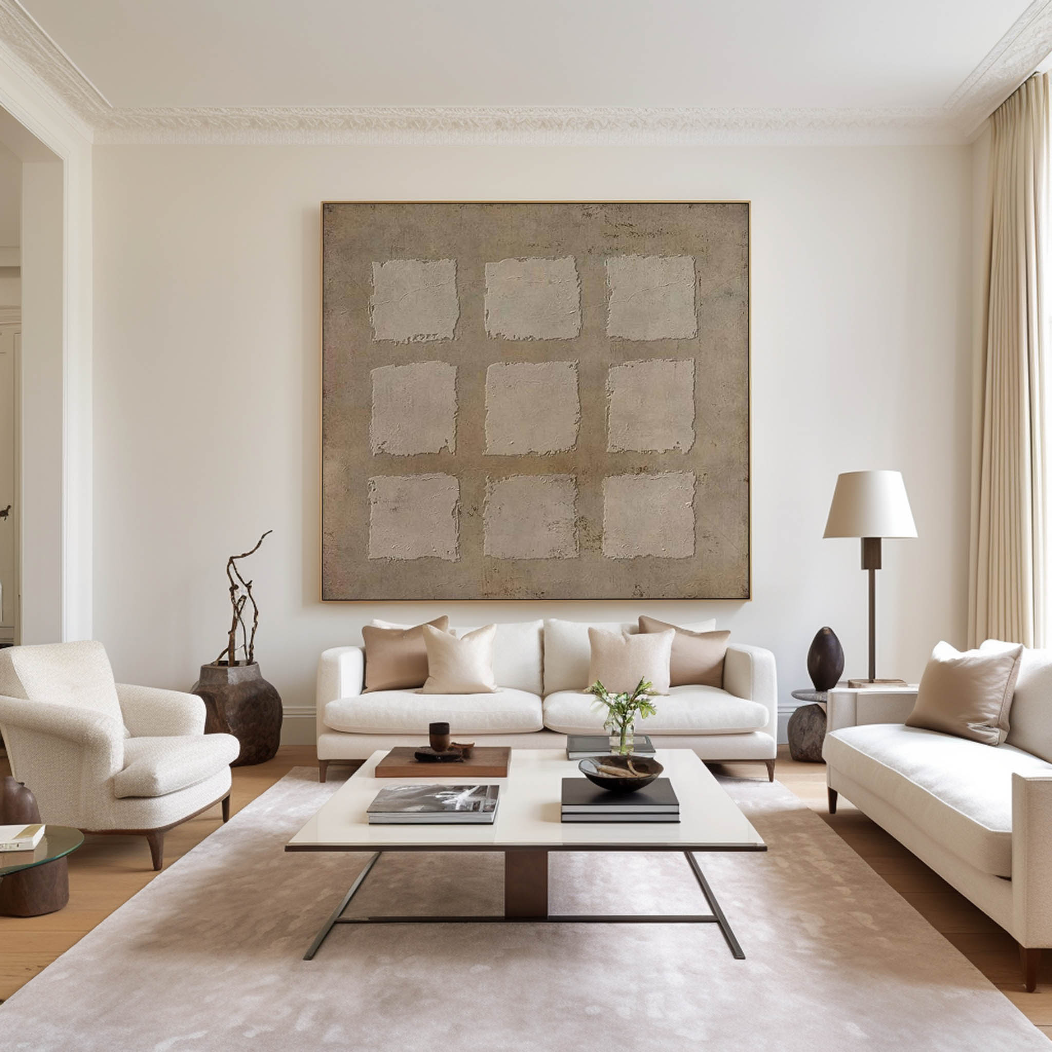 Wall Art Neutral Geometric Squares Textured Minimalist Wabi-Sabi Texture Living Room | Neutralighting