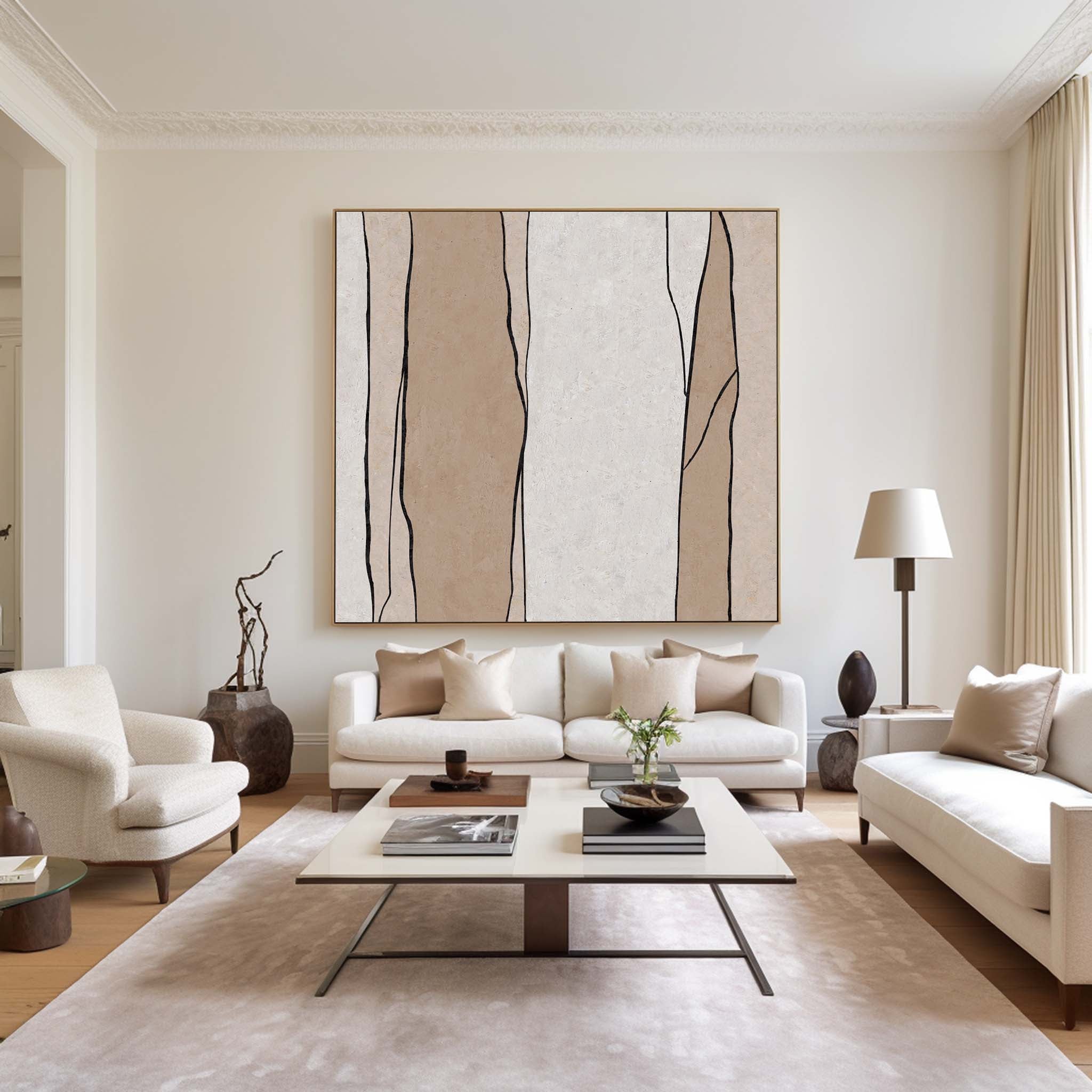 Minimalist Beige Black Line Pattern Painting