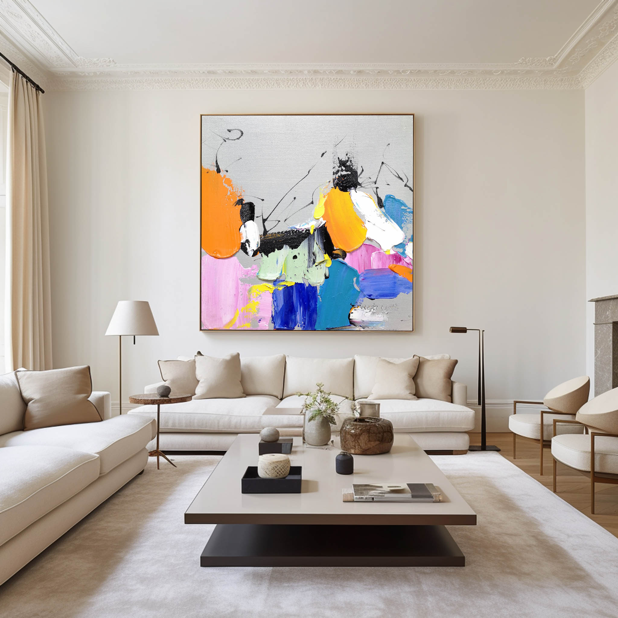 Multi‑Vivid‑Hue Square Bold‑Splash Impasto Textured Artwork