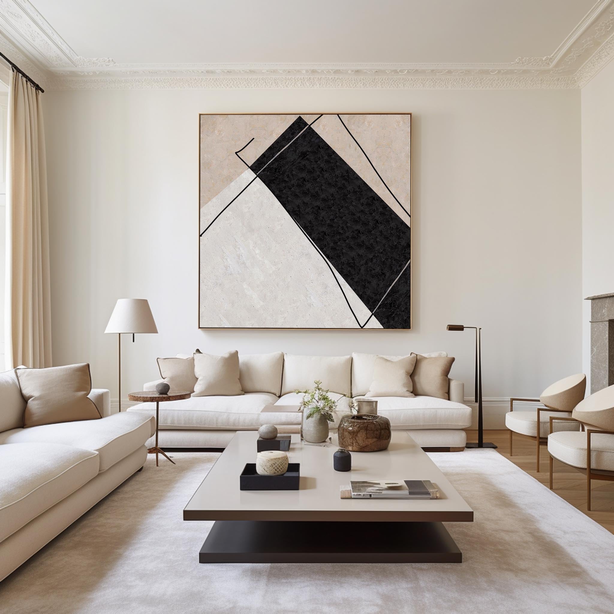Abstract Black Beige Geometric Diamond Shape Painting
