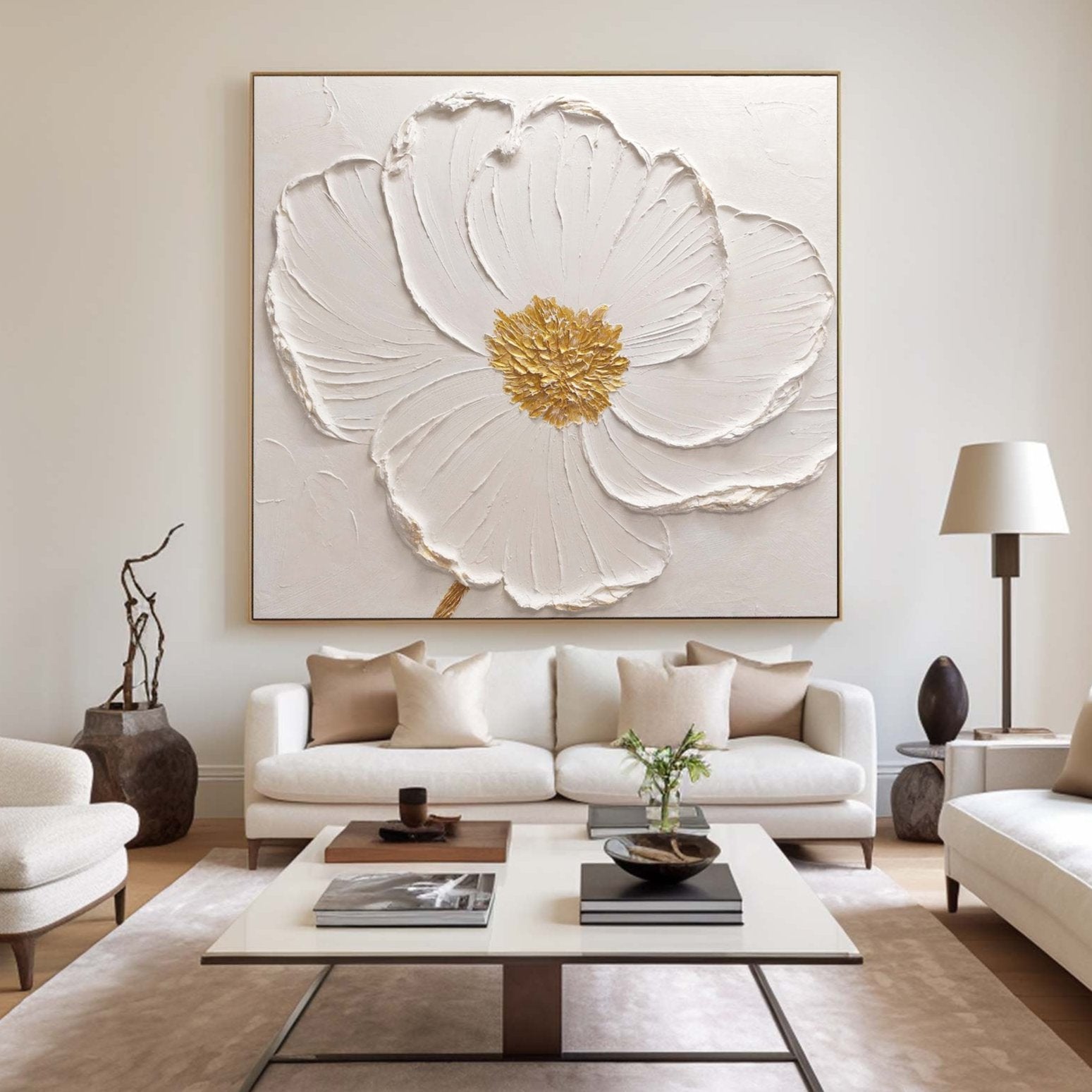 Elegant White Floral Relief Textured Wall Art