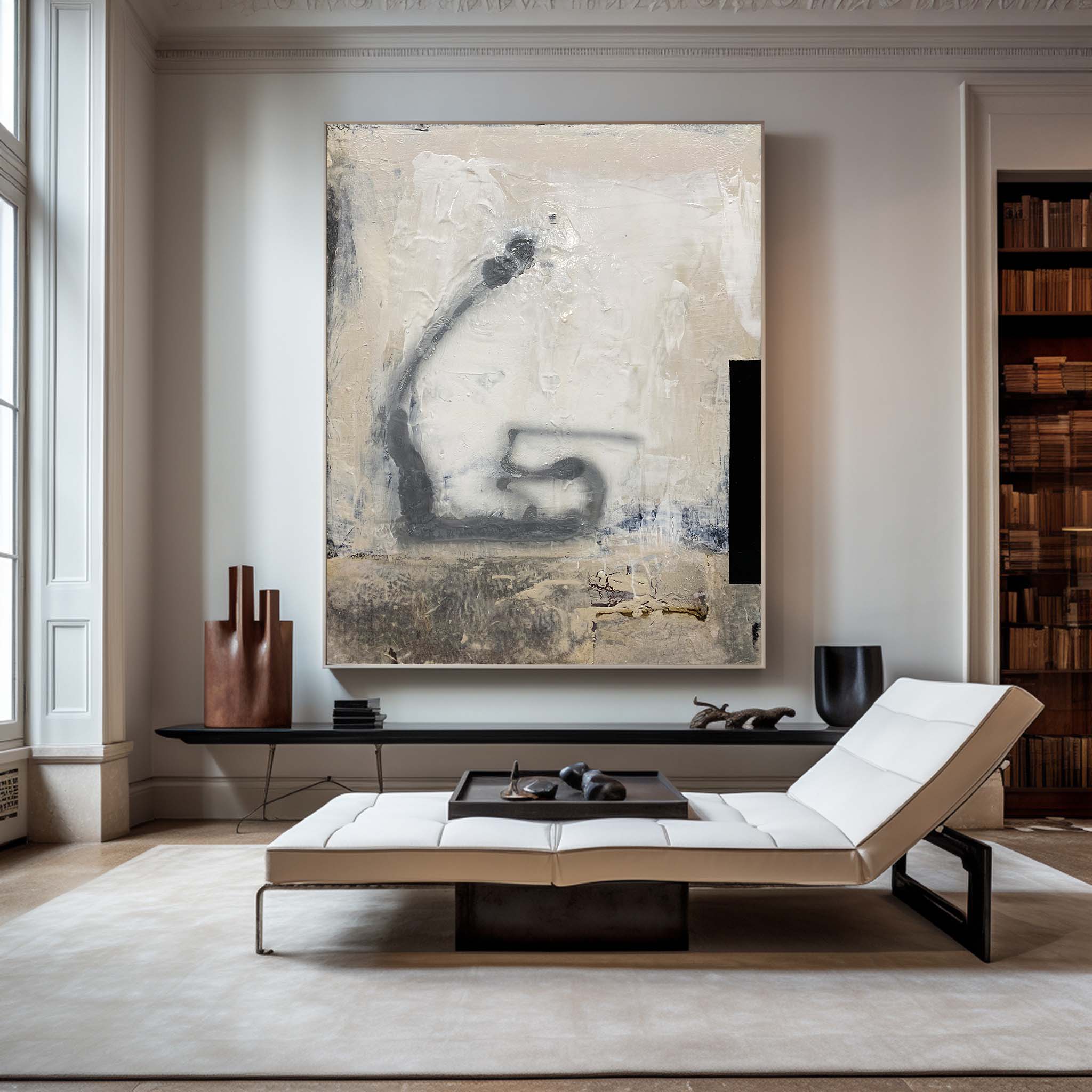 Abstract Beige Grey Black Brush Stroke Painting