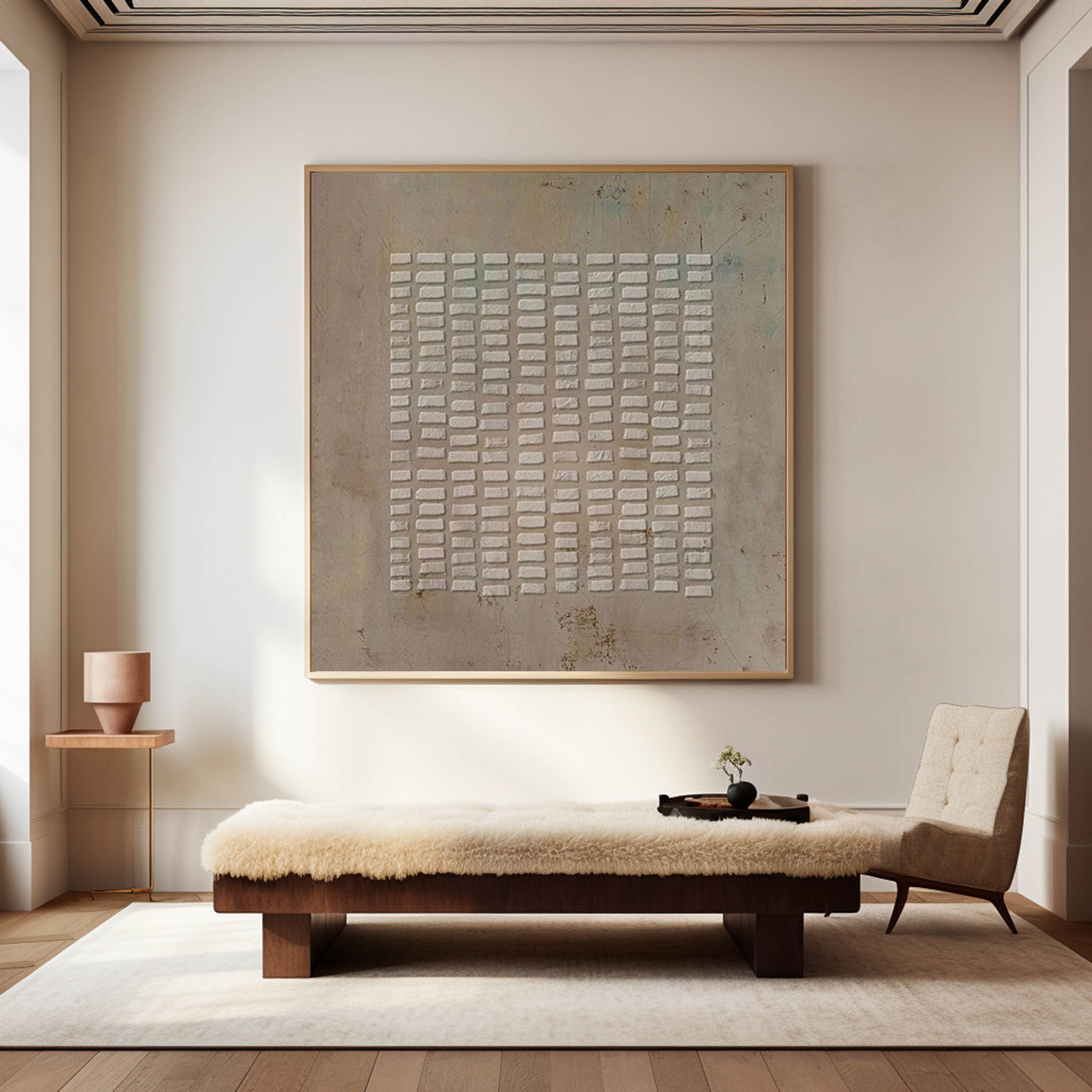Modern Beige Grid Geometric Abstract Textured Wall Art
