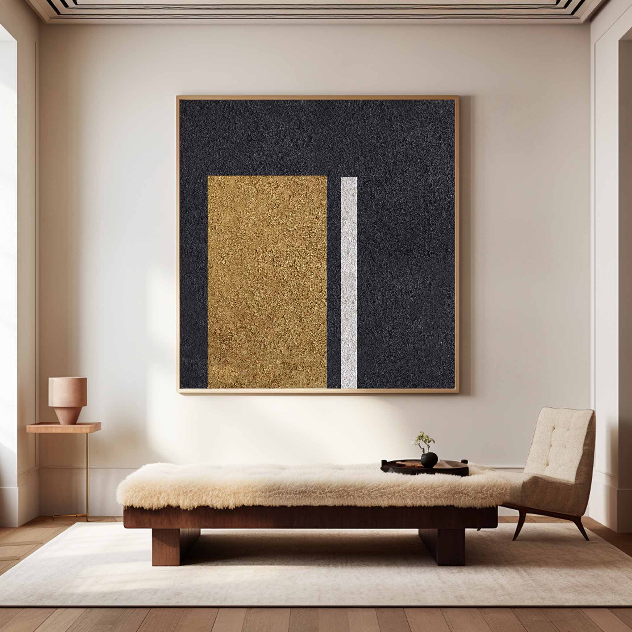 Black‑Gold‑White Square Stacked‑Rectangle Block Coarse‑Textured Artwork