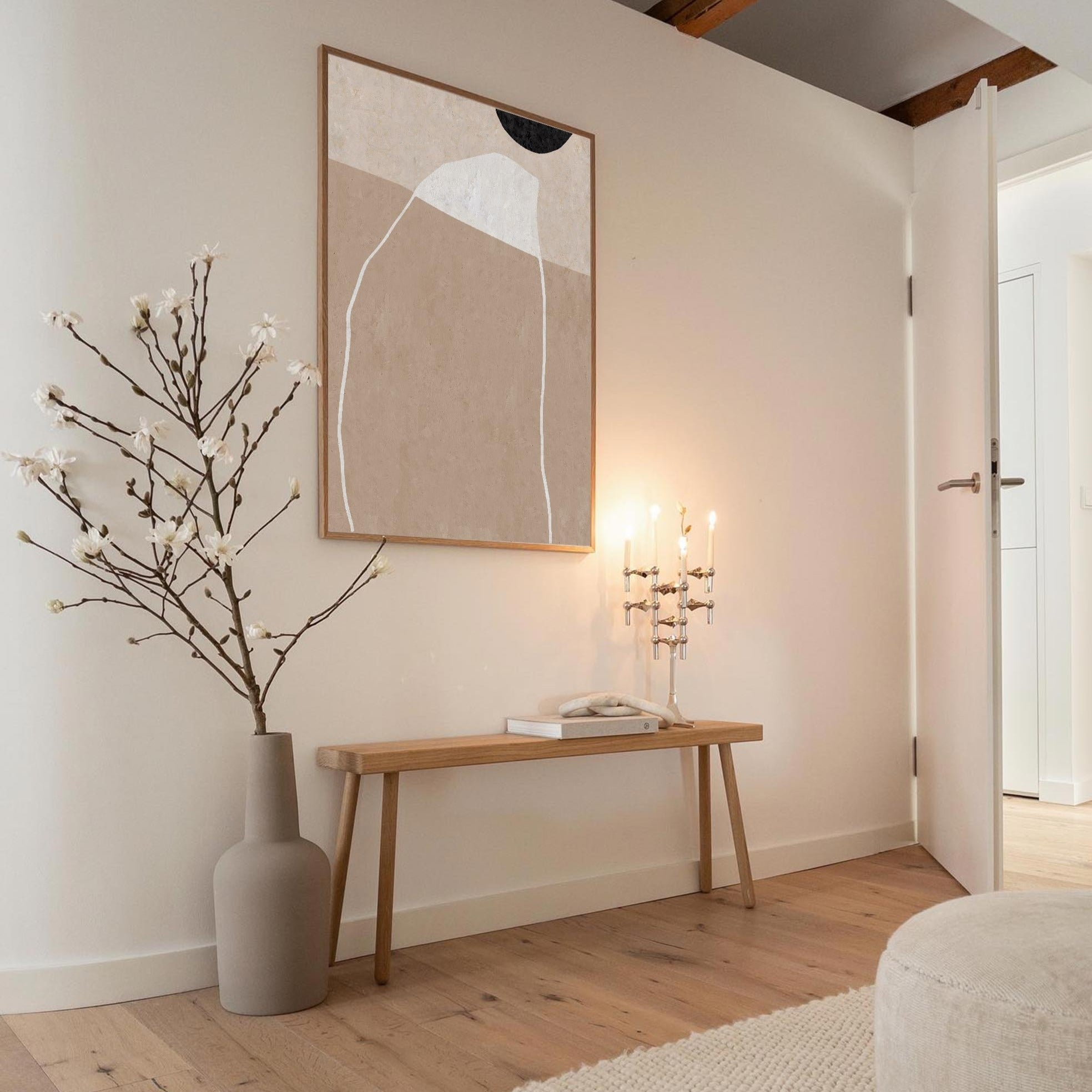 Taupe‑Beige Vertical Abstract‑Shape Line‑Textured Artwork