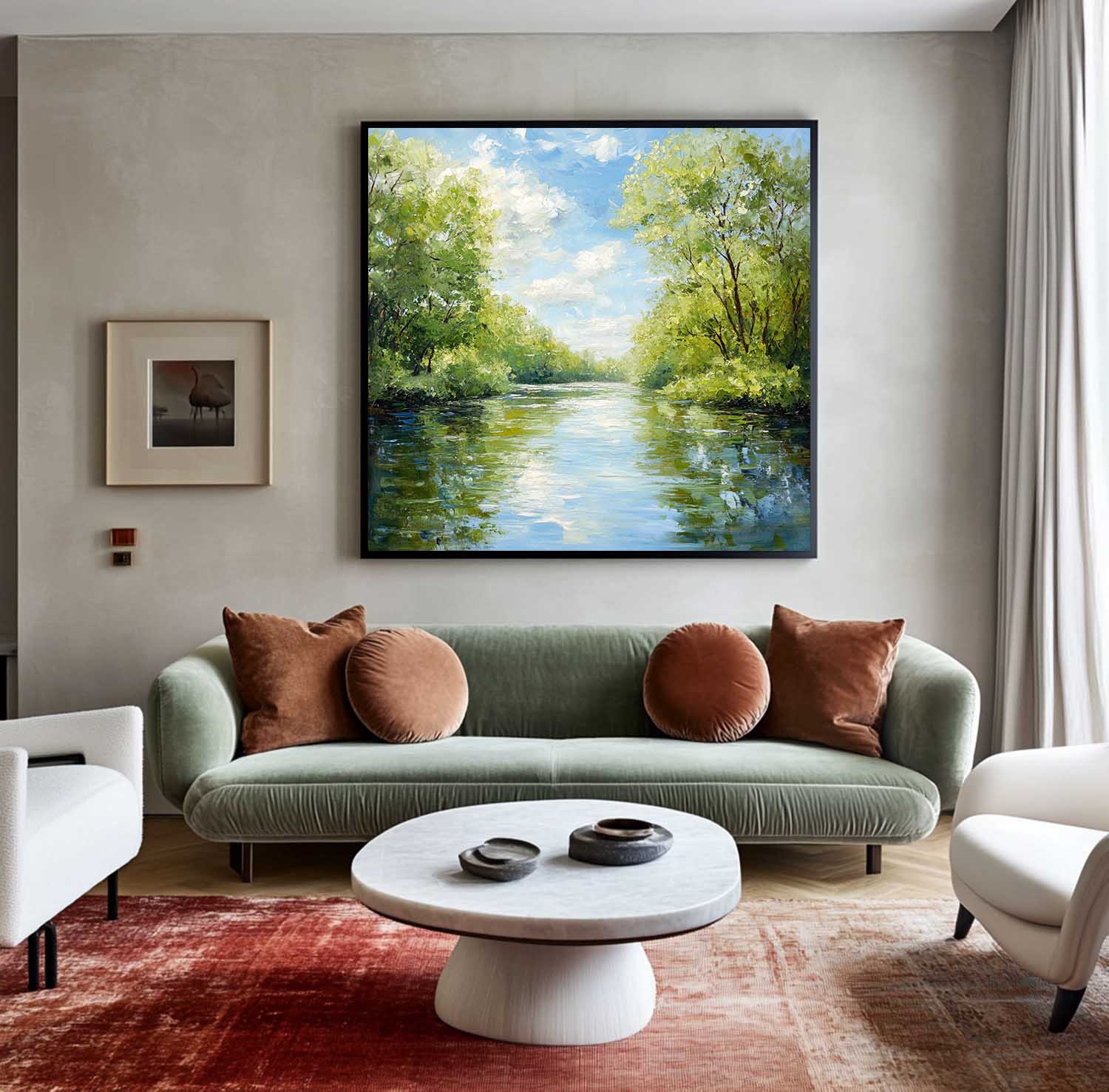 Lush Forest Lake Scenery Mirror‑Water Vivid Layered Impasto Textured Artwork