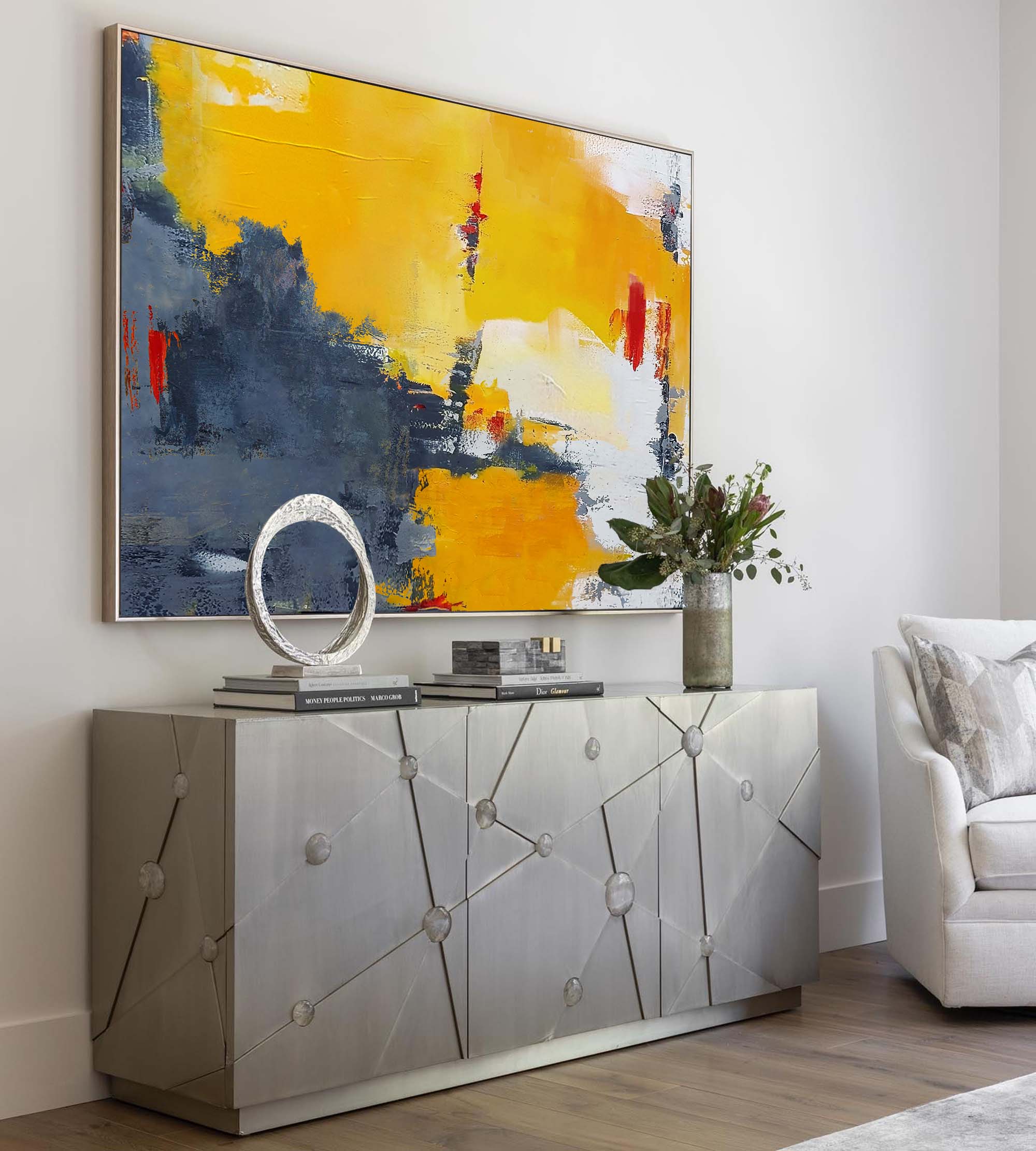 Striking Red Accent Modern Abstract Wall Art